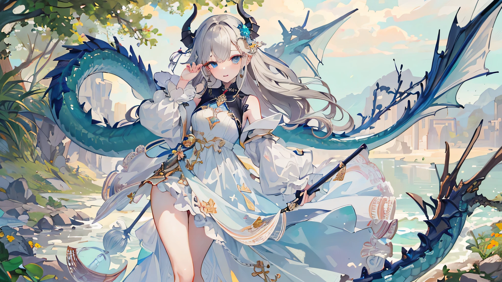 ((best quality, 8K, masterpiece: 1.3)), 1 girl, slim and beautiful: 1.3, (long hair: 1.2), Floral Dress, dragon,long legs: 1.1, The face super delicate, beautiful eyes, double eyelids, outdoor