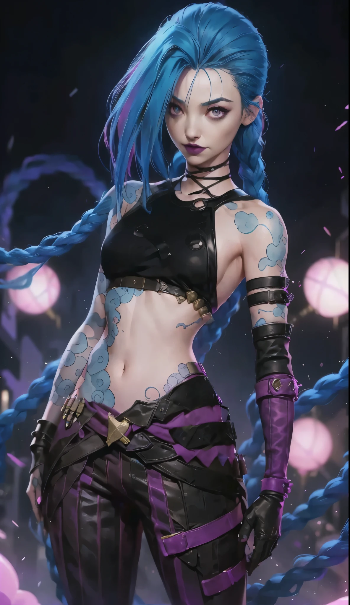 Garota de cabelo azul, Jinx, Arcane, Pink lips. Jinx, girl with twin braids and blue color, Jinx, Arcane, Jinx de Arcane, Jinx usa uma blusa marrom com um 'x' no meio sa blusa, Arcane, Jinx wears leather pants, estilos Arcane, Jinx