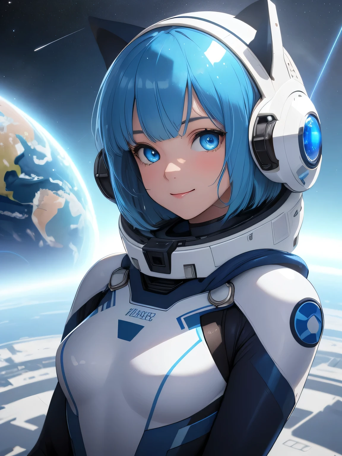 (8k, HDR, RAW photo, best quality, masterpiece:1.2, realistic lighting), Overhead view, Dynamic angle, girl floating in outer space, solo, (thin face), realistic beautiful face, very detailed face, open your mouth and smile, (bob cuts hair), ((sky blue hair)), path traced hair, (sky blue cat ears), ((sky blue eyes)), beauty eyes, perfect symmetrical eyes, clear sparkling blue eyes, (flat chest), (small breast), wearing a full body spacesuit, (spacesuit helmet), (earth:1.3), Detailed and complex busy background, surreal space, fantasy space, outer space