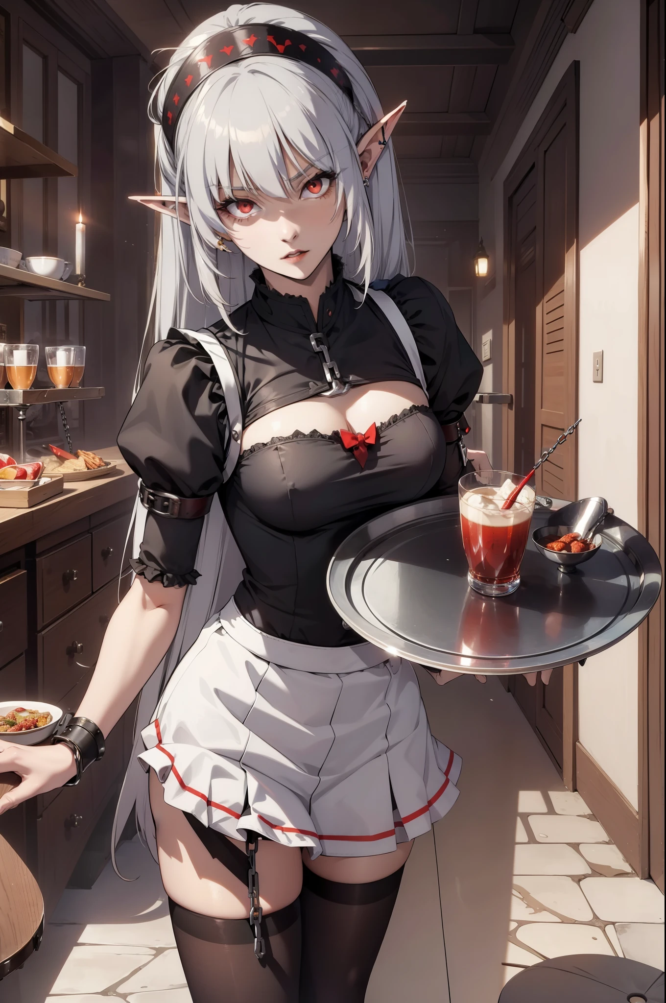 alice,vampire,grey hair, long hair, red eyes, pointy ears, small breasts,((waitress bdsm girl chained tray tray))