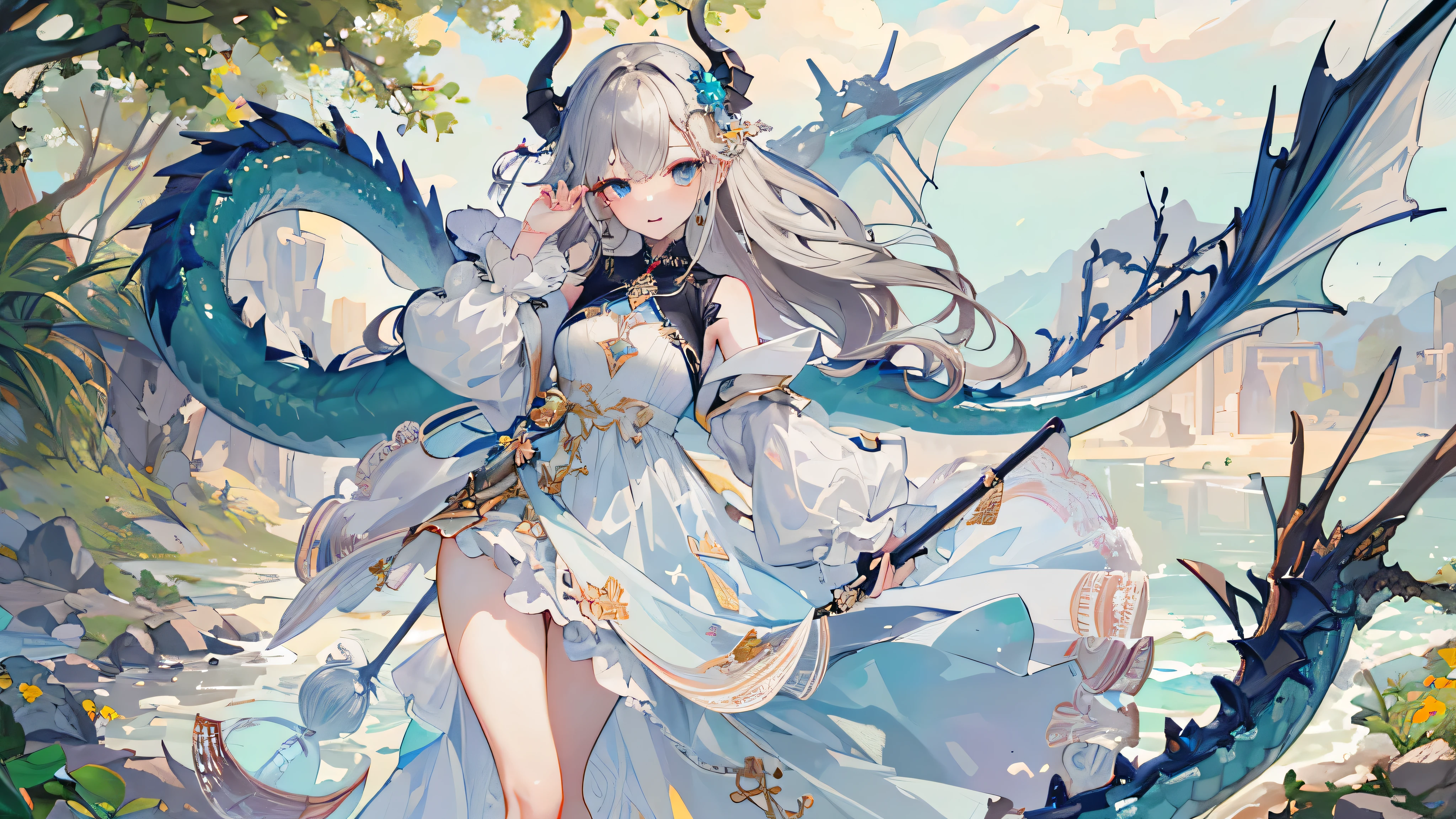 ((best quality, 8K, masterpiece: 1.3)), 1 girl, slim and beautiful: 1.3, (long hair: 1.2), Floral Dress, dragon，Leg length: 1.1, The face  super delicate, beautiful eyes, double eyelids, outdoor