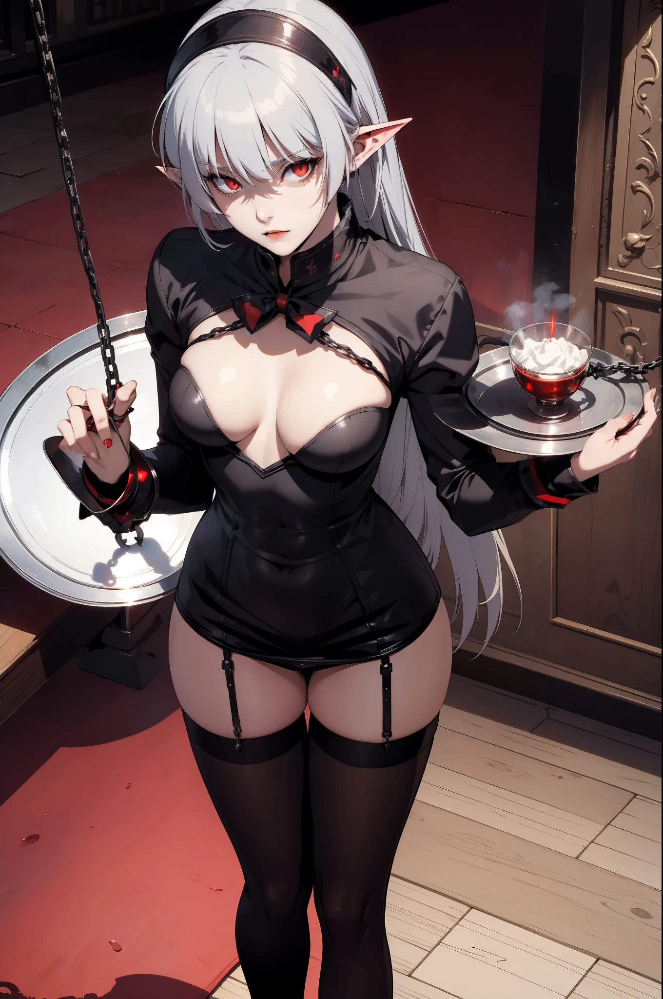 alice,vampire,grey hair, long hair, red eyes, pointy ears, small breasts,((waitress bdsm girl chained tray tray))