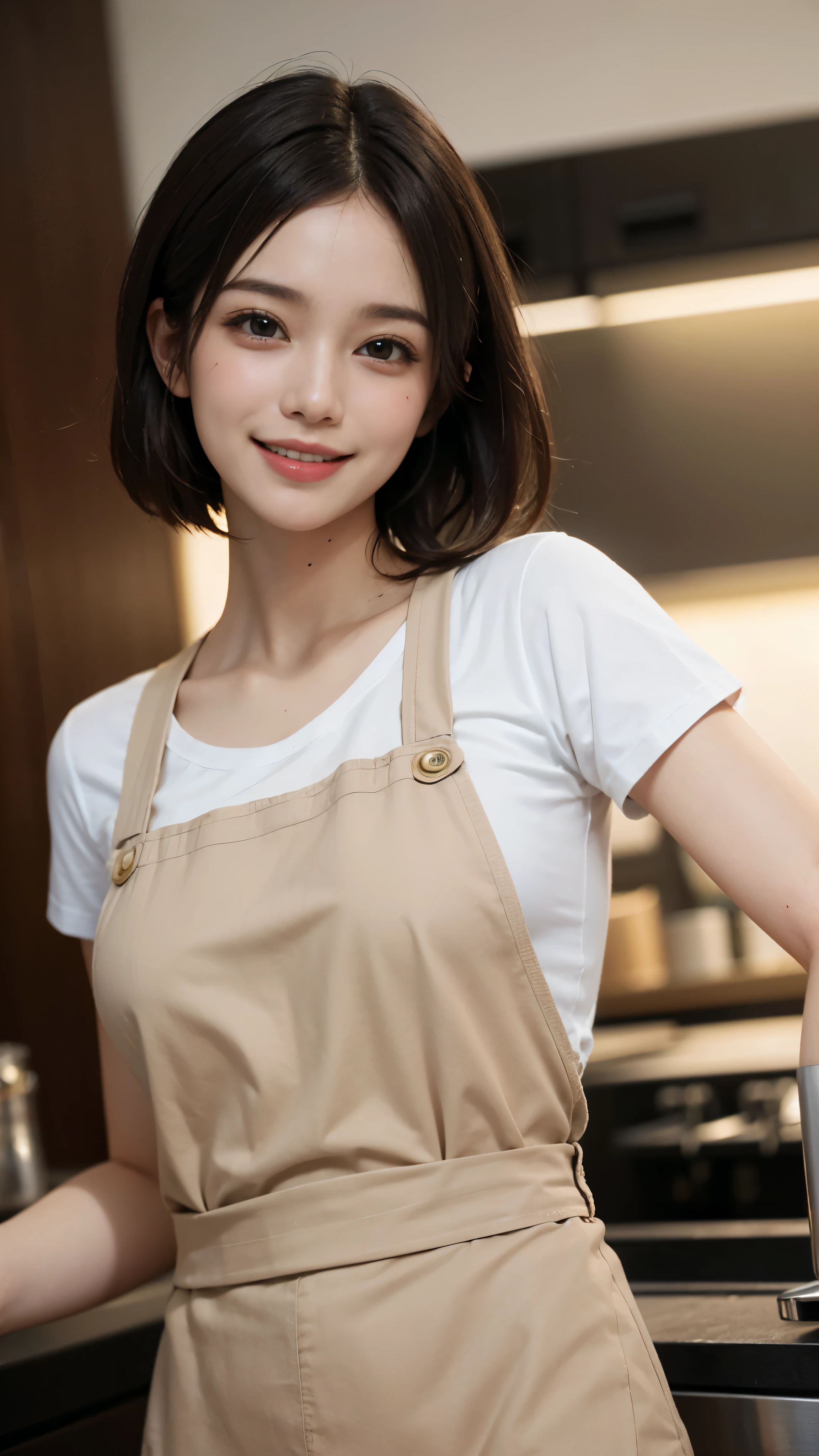 highest quality, pieces fly, ultra high resolution, (that&#39;realistic:1.4), RAW photo, 1 girl, Mr. Kｰpop idol, ((cafe clerk)),((cute uniform)),(White T-shirt and jeans)),((Beige apron))short hair, slender body,fine eyes,(realistic eyes),delicate face,realsMr. Kin,fine hair,Detailed sMr. Kin,cute face,((smile))、((laughter))、((you look happy, smile)),