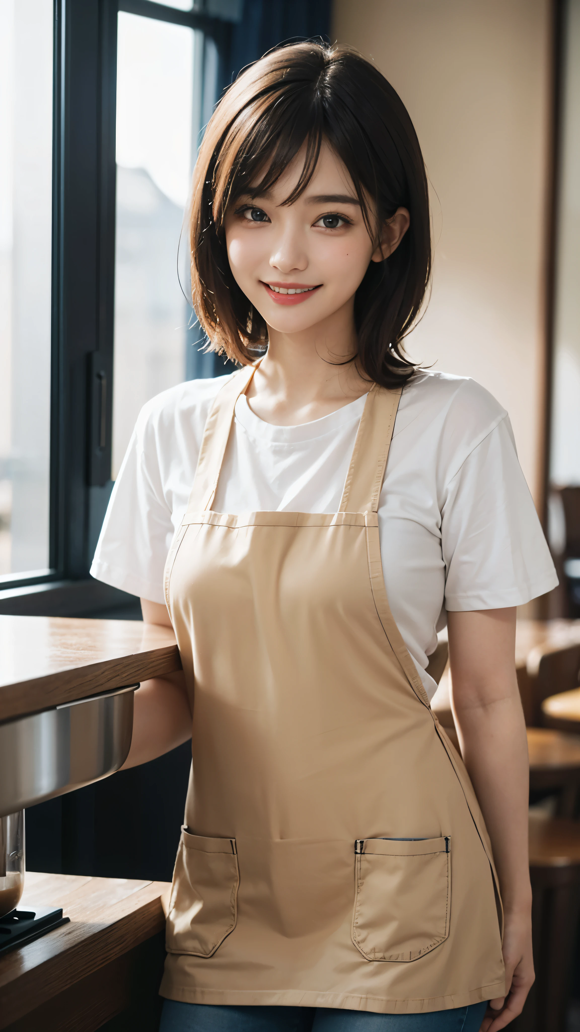 highest quality, pieces fly, ultra high resolution, (that'realistic:1.4), RAW photo, 1 girl, Mr. Kーpop idol, ((cafe clerk)),((cute uniform)),(White T-shirt and jeans)),((Beige apron))short hair, slender body,fine eyes,(realistic eyes),delicate face,realsMr. Kin,fine hair,Detailed sMr. Kin,cute face,((smile))、((laughter))、((you look happy, smile)),