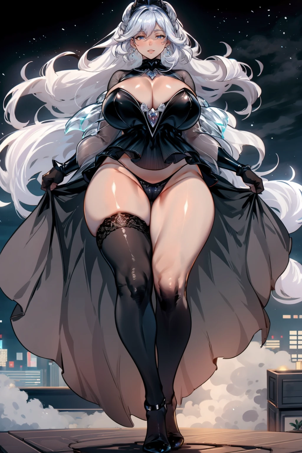 Fat butt,Busty,Tall,tall,a woman,masterpiece,best quality,The face beautiful,black stockings,Crystal shoes,noble,abdominal musclelack hair,god,evening dress,Diamond decoration,front,whole body,black dress,noble,Crystal Crown,lace,black stockings,Smooth,necklace,earring,High heel,Whitening,cloak,long skirt,lace,starry sky background