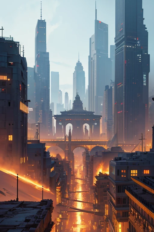 (8k unit wallpaper CG extremely detailed, masterpiece, best quality, ultra-detailed), (((desolate, deserted)))), ((extremely wide shot:1.15)), a bridge looking, a scifi city in the distance in the background, (high detail), (intricate details), intricate, magnificent scene, detailed environment, highly detailed environment, illustrator, (masterpiece).