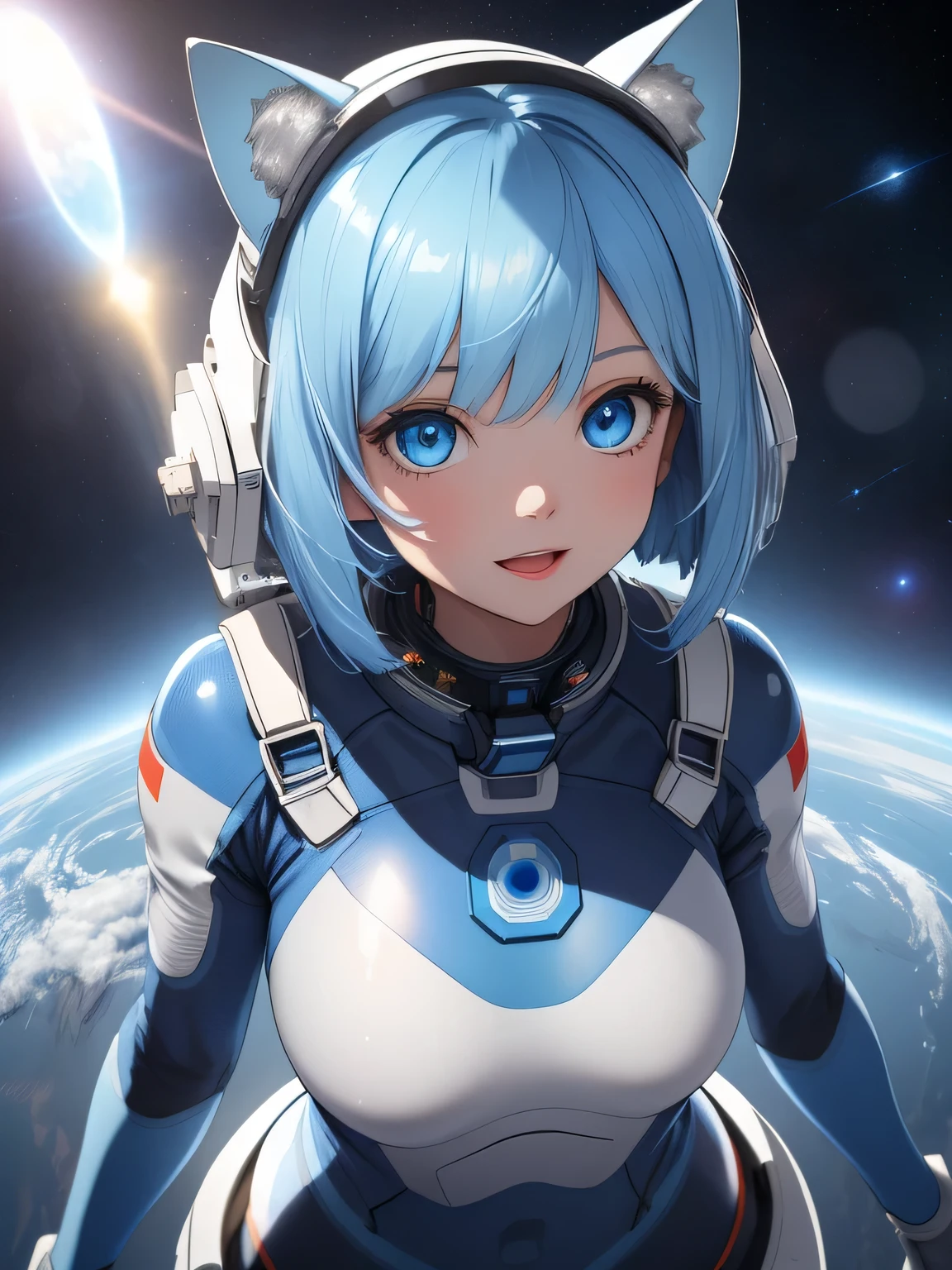 (8k, HDR, RAW photo, best quality, masterpiece:1.2, realistic lighting), Overhead view, Dynamic angle, girl floating in outer space, solo, (thin face), realistic beautiful face, very detailed face, open mouth and smile, (bob cuts hair), ((sky blue hair)), path traced hair, (sky blue cat ears), ((sky blue eyes)), beauty eyes, perfect symmetrical eyes, clear sparkling blue eyes, (flat chest), (small breast), wearing a full body spacesuit, (spacesuit helmet), (earth:1.3), Detailed and complex busy background, surreal space, fantasy space, outer space