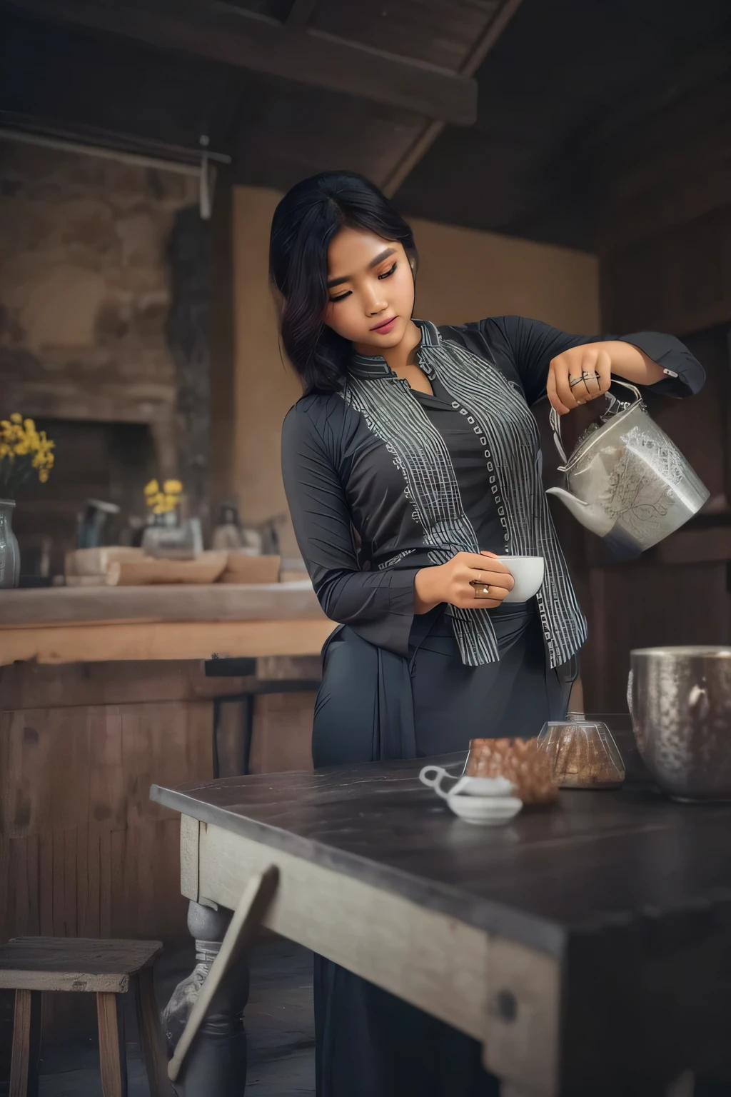 A rural myanmar girl pours coffee into a coffee cup on the table,(best quality,8k,highres,masterpiece:1.2), ultra-detailed, (realistic,photorealistic,photo-realistic:1.37),illustration, girl,beautiful detailed eyes,beautiful detailed lips,extremely detailed eyes and face,long eyelashes, black hair, acmm ls outfit, wearing acmm top, olive green acmm top, long sleeves, wearing acmm long skirt, brown acmm long skirt, printed skirt