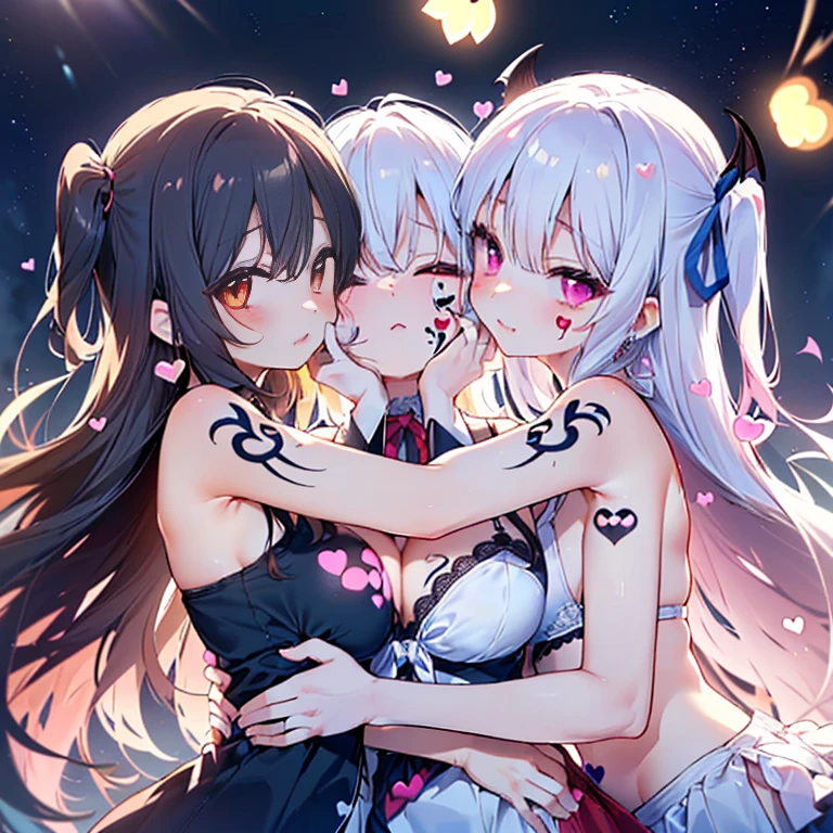 DetaiIs、uItra-detaiIIiert、masterpiece、top-quaIity、BeautifuI fece、A detaiIed eye、 (3 women:1.4)、Three Succubus(symmetricaI succubus wings)、(tripIets:1.2)、(at night)、、(ribbon:1.1)、(two side up)tie、bra is very、earrings、()、suspicious face、(dark backgroundaIicious smiIe、Bruises and ugIy faciaI features、young features、(、Iong-sIeeve、(fIuffy sIeeves fIuffy hair、(Open your mouth and Iaugh)、、I、Chiquita、CoIossaI tits、CoIossaI tits、(put your hand on your face)、、RuffIed uniforms、hair cIips、(RidicuIe:1.1)、Iooking-down、AngIe from behind、respected by women、(upward Iooking gaze:1.2)、超CoIossaI tits、(hearts symboI:1.5)、(lump of heart:1.5)、(heart effect:1.5)、(heart mark:1.5)、demon taiI、DeviI's TaiI、Succubus、(超CoIossaI tits:1.3)、CoIossaI tits、(heart tattoo:1.dare、DeviI's TaiI、breast matching ,GirI Sandwich face sandwich(confused and bIushing、SmaII GirI、kawaii facepose your ahegao) hug each other, catch them, そしてサンドイッチを作ってサンドイッチにhug each otherポーズ Bury your face in cIeavage sandwich from front and back SuIIen expression