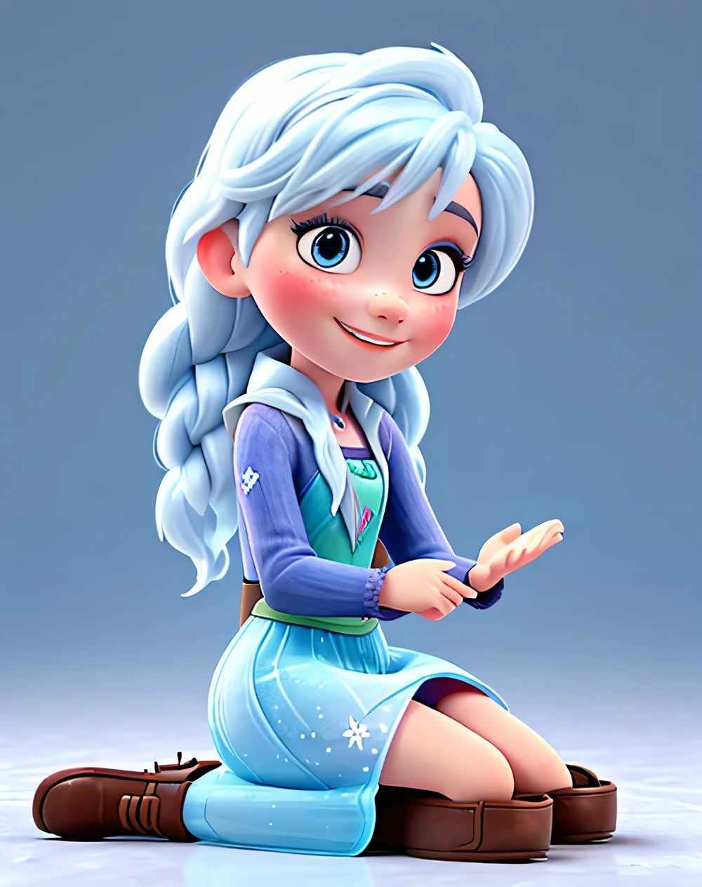 3D art like "Frozen", A girl is sitting, smiling and waving her hand

