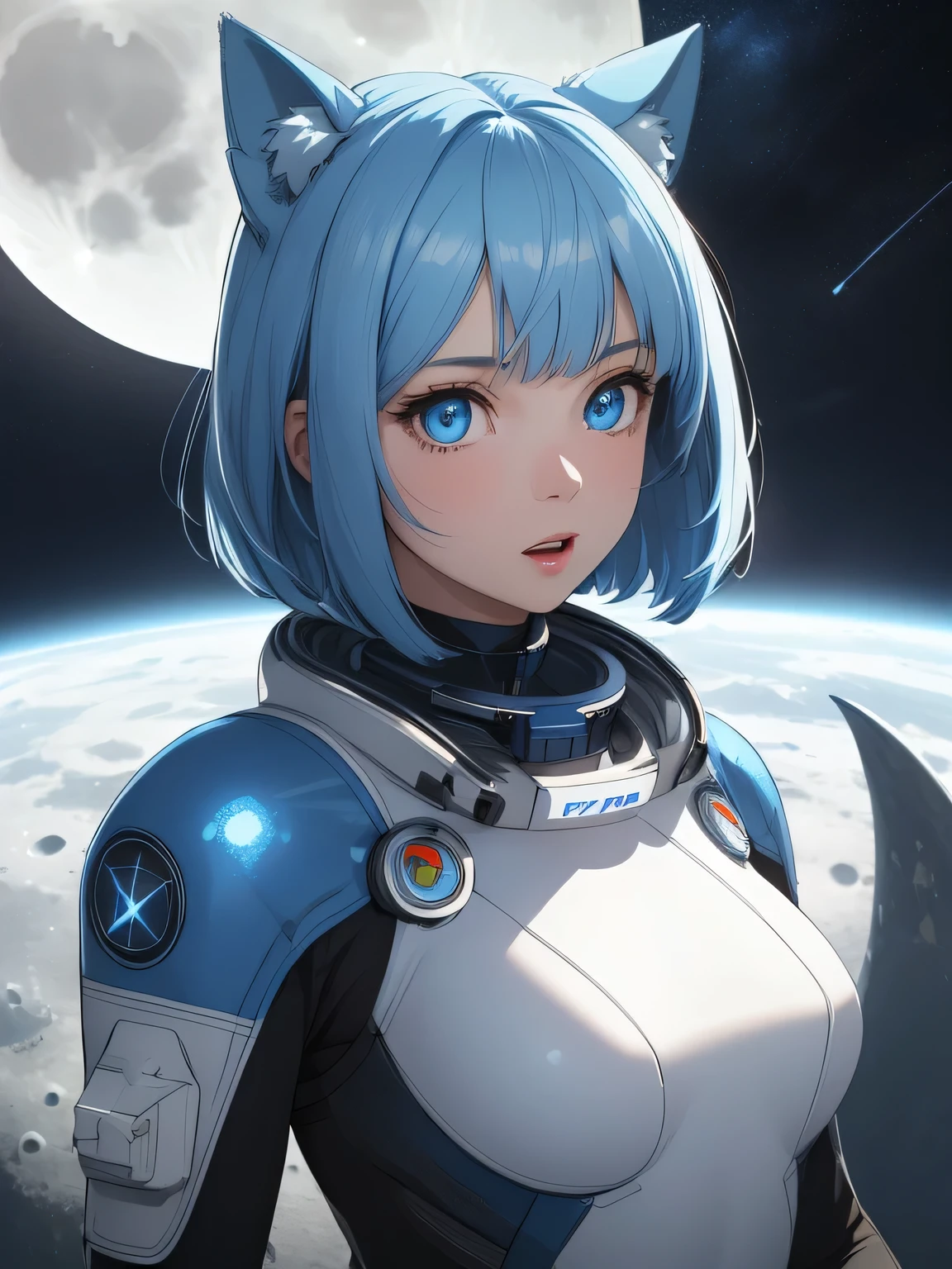 (8k, HDR, RAW photo, best quality, masterpiece:1.2, realistic lighting), Overhead view, Dynamic angle, girl floating in outer space, solo, (thin face), realistic beautiful face, very detailed face, open mouth, (bob cuts hair), ((sky blue hair)), path traced hair, (sky blue cat ears), ((sky blue eyes)), beauty eyes, perfect symmetrical eyes, clear sparkling blue eyes, (flat chest), (small breast), wearing a full body spacesuit, (spacesuit helmet), (moon:1.3), detailed and complex busy background, surreal space, fantasy space, outer space