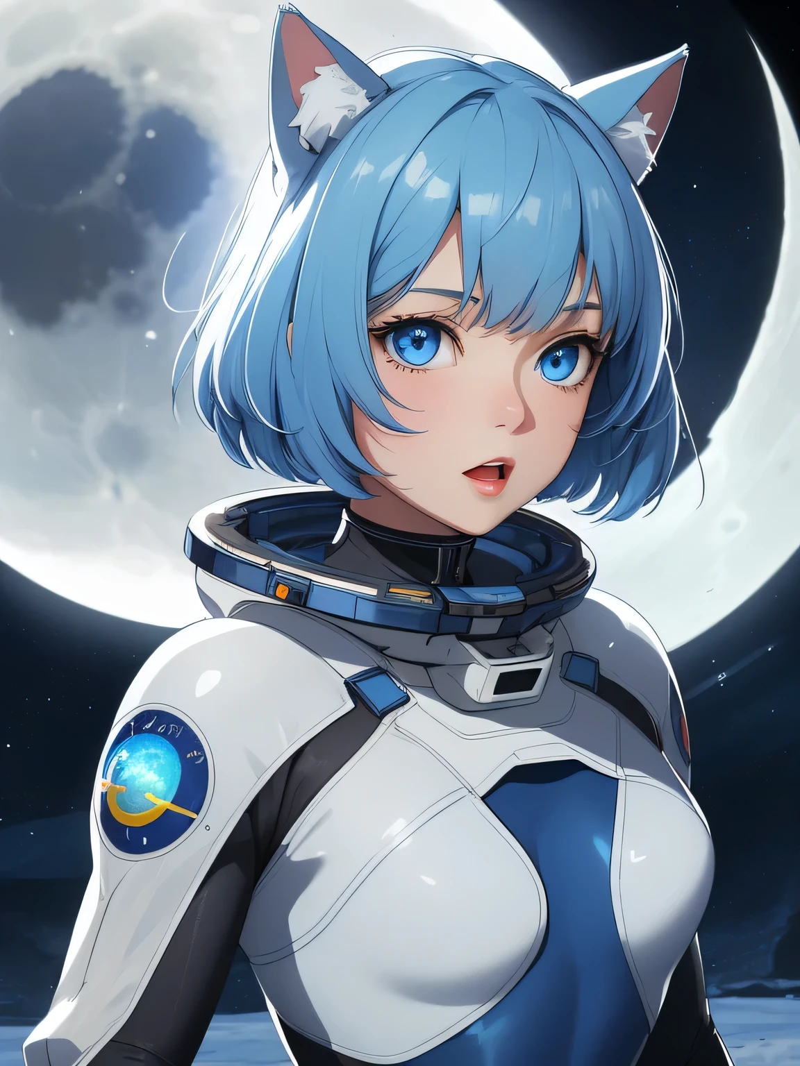 (8k, HDR, RAW photo, best quality, masterpiece:1.2, realistic lighting), Overhead view, Dynamic angle, girl floating in outer space, solo, (thin face), realistic beautiful face, very detailed face, open mouth, (bob cuts hair), ((sky blue hair)), path traced hair, (sky blue cat ears), ((sky blue eyes)), beauty eyes, perfect symmetrical eyes, clear sparkling blue eyes, (flat chest), (small breast), wearing a full body spacesuit, (spacesuit helmet), (moon:1.3), detailed and complex busy background, surreal space, fantasy space, outer space
