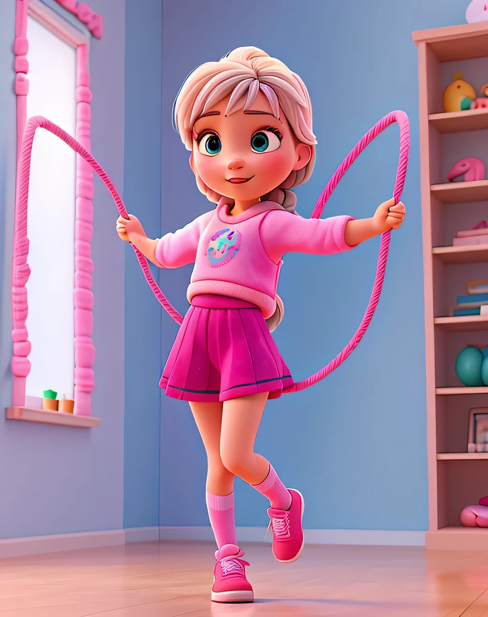 3D art like "Frozen", A girl is wearing a pink sportswear, doing rope skipping