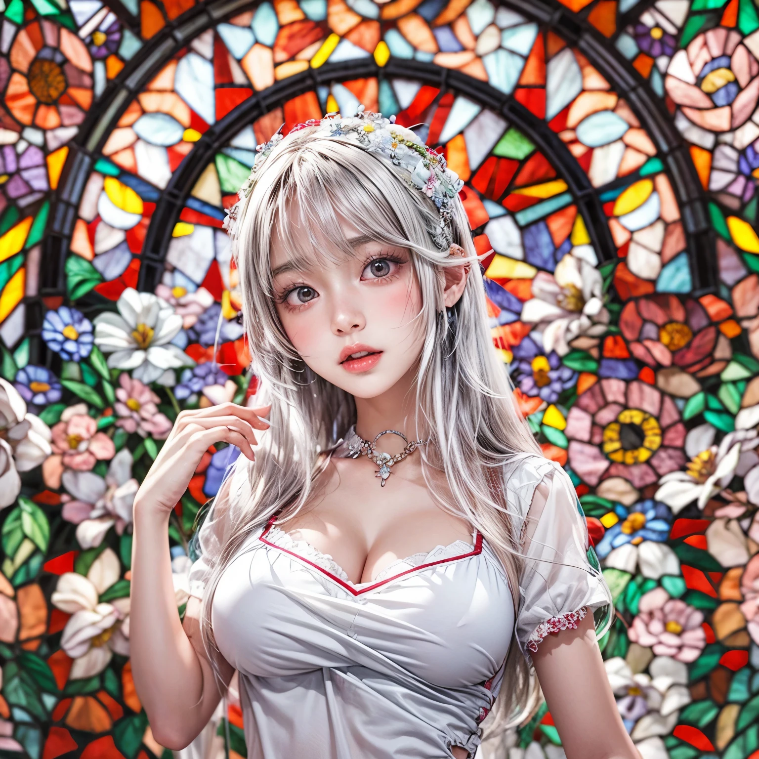 White and Red, Masterpiece, (physically-based rendering with ultra-detailed, (realistic and (photorealistic:1.37) with touch of rawness), Acutance:0.8) . A group of KAWAII girls in Cut-off uniform with opened Cleavage . (((extremely detailed KAWAII face variations)) with joyful expressions), { Navel | pretty Ass | (Overflowing underboob) | White panties with (blood seeping only in crotch area) | (full of Flowers covering girl's body) | ((Dazzling colorful stained glass with stunning elaborate details:1.2)) | A Dazzling Halo Floating above girl's head } . (Exposed:1.2), ((nipple:-0.9)), (not Detailed fingers:-0.9) .
