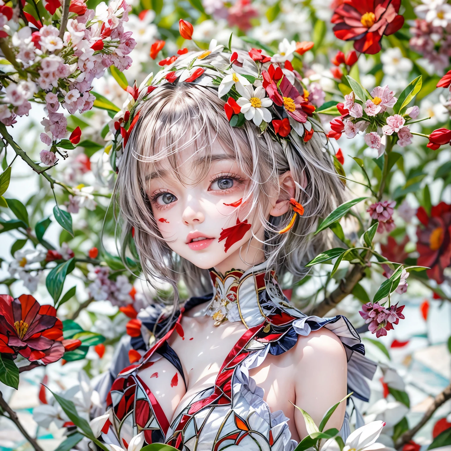 White and Red, Masterpiece, (physically-based rendering with ultra-detailed, (realistic and (photorealistic:1.37) with touch of rawness), Acutance:0.8) . A group of KAWAII girls in Cut-off uniform with opened Cleavage . (((extremely detailed KAWAII face variations)) with joyful expressions), { Navel | pretty Ass | (Overflowing underboob) | White panties with (blood seeping only in crotch area) | (full of Flowers covering girl's body) | ((Dazzling colorful stained glass with stunning elaborate details:1.2)) | A Dazzling Halo Floating above girl's head } . (Exposed:1.2), ((nipple:-0.9)), (not Detailed fingers:-0.9) .