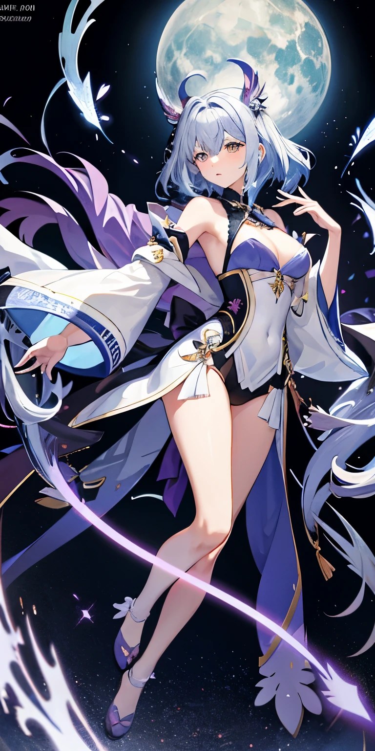 1Fille, vêtements japonais, Queue de cheval ,cheveux blancs, yeux violets, cercle magique, Feu bleu, flammes bleues, Fond d&#39;écran, paysage, Sang, Sang splatter, Profondeur de champ, nuit, particules légères, Rayons de lumière, Éclairage latéral, cuisses, Destin \(Série\), impact genshin, ****, veste ouverte, jupe, hauts de cuisse, nuage