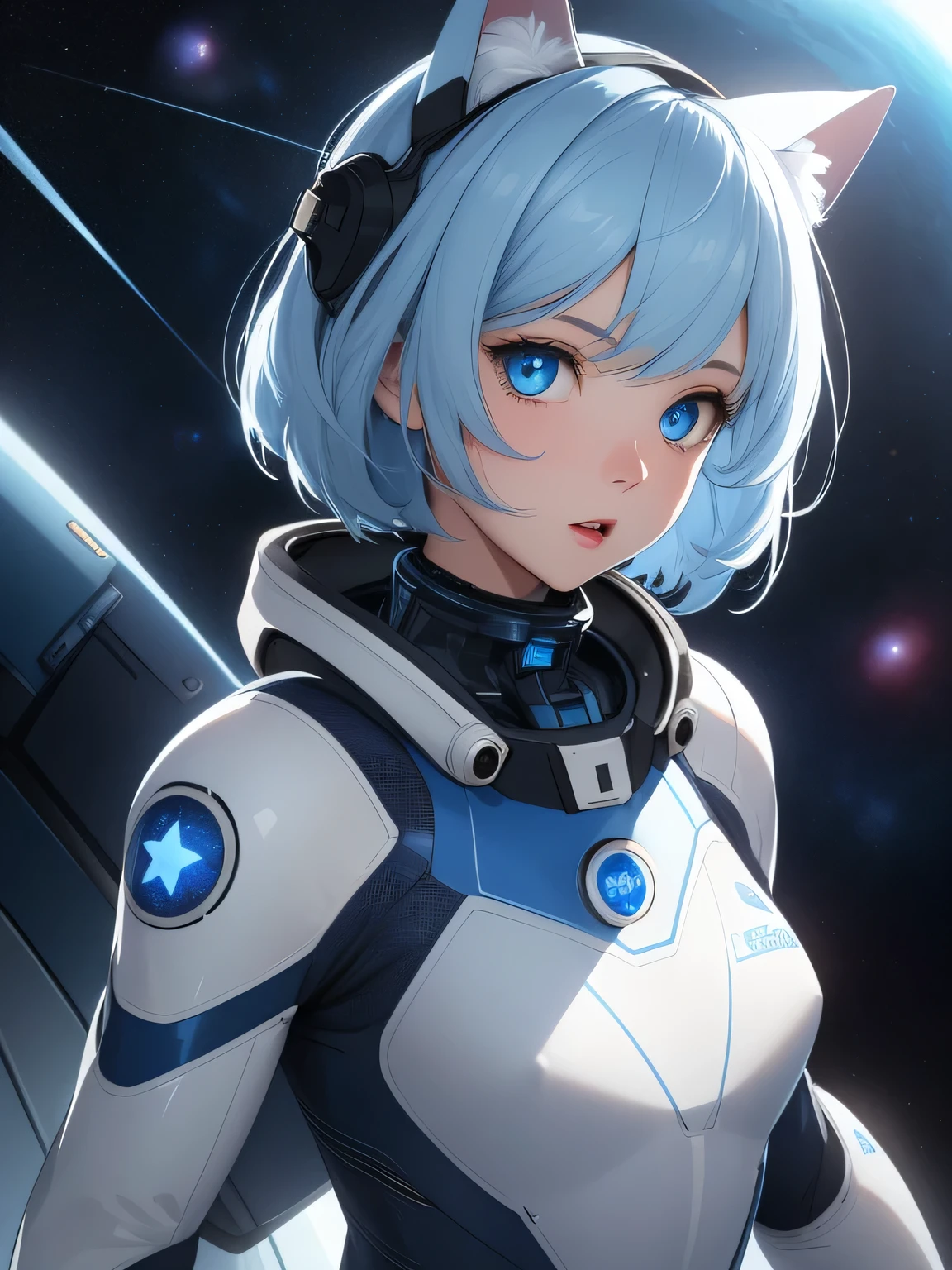 (8k, HDR, RAW photo, best quality, masterpiece:1.2, realistic lighting), Overhead view, Dynamic angle, girl floating in outer space, solo, (thin face), realistic beautiful face, very detailed face, open mouth, (bob cuts hair), ((sky blue hair)), path traced hair, (sky blue cat ears), ((sky blue eyes)), beauty eyes, perfect symmetrical eyes, clear sparkling blue eyes, (flat chest), (small breast), wearing a full body spacesuit, (spacesuit helmet), (stars:1.3), detailed and complex busy background, surreal space, fantasy space, outer space