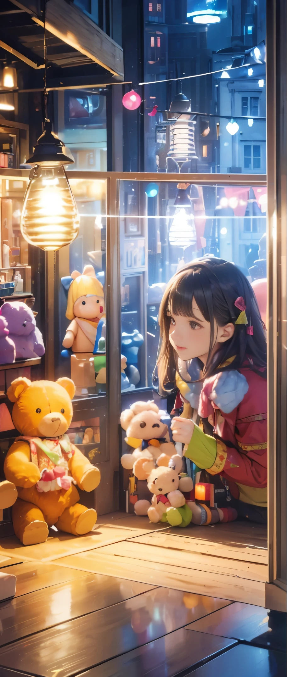 ((realistic light, best quality, 8K, muste piece: 1.3)), colorful toy store window display、Vibrant toys and decorative elements、beautifully arranged、doll、teddy bear、car、building blocks etc.、Made of all high quality materials、The toys are carefully posed to create attractive and captivating scenes、is placed。With soft and warm lighting that illuminates the display、