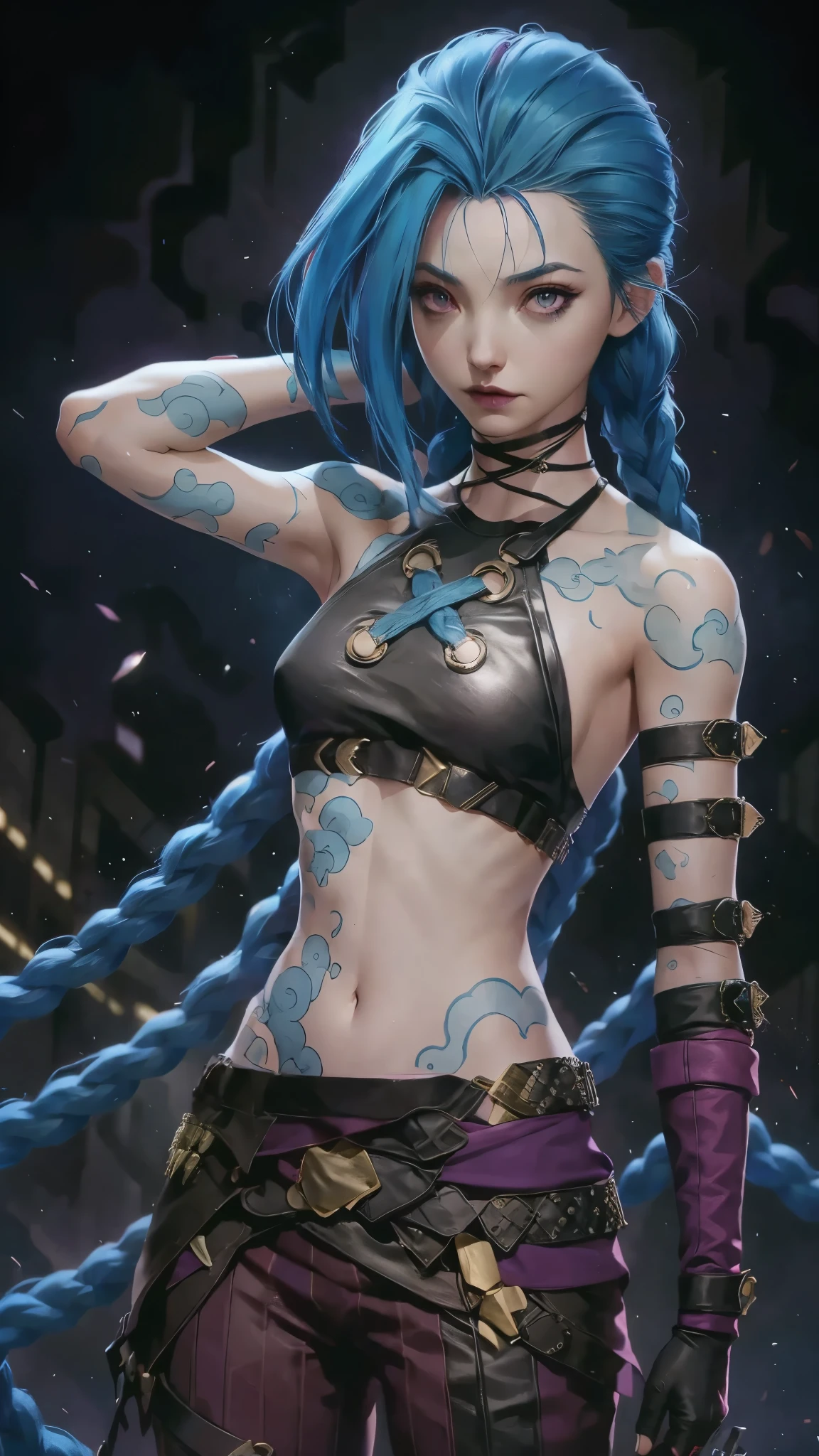 Garota de cabelo azul, Jinx, Arcane, Red lips, Arcane. Jinx, girl with twin braids and blue color, Jinx, Arcane, Jinx de Arcane, Jinx usa uma blusa marrom com um 'x' no meio sa blusa, Arcane, Jinx wears leather pants, estilos Arcane, Jinx, olhos de cor de rosa