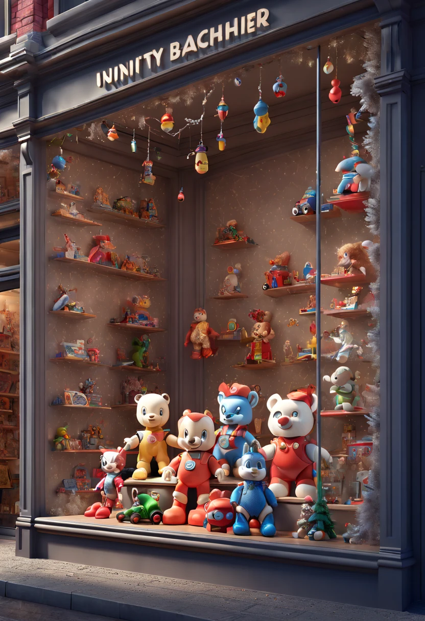 Toy Store Window Display, by Hans P. Bacher, octane render, enhance, intricate, (best quality, masterpiece, Representative work, official art, Professional, unity 8k wallpaper:1.3)