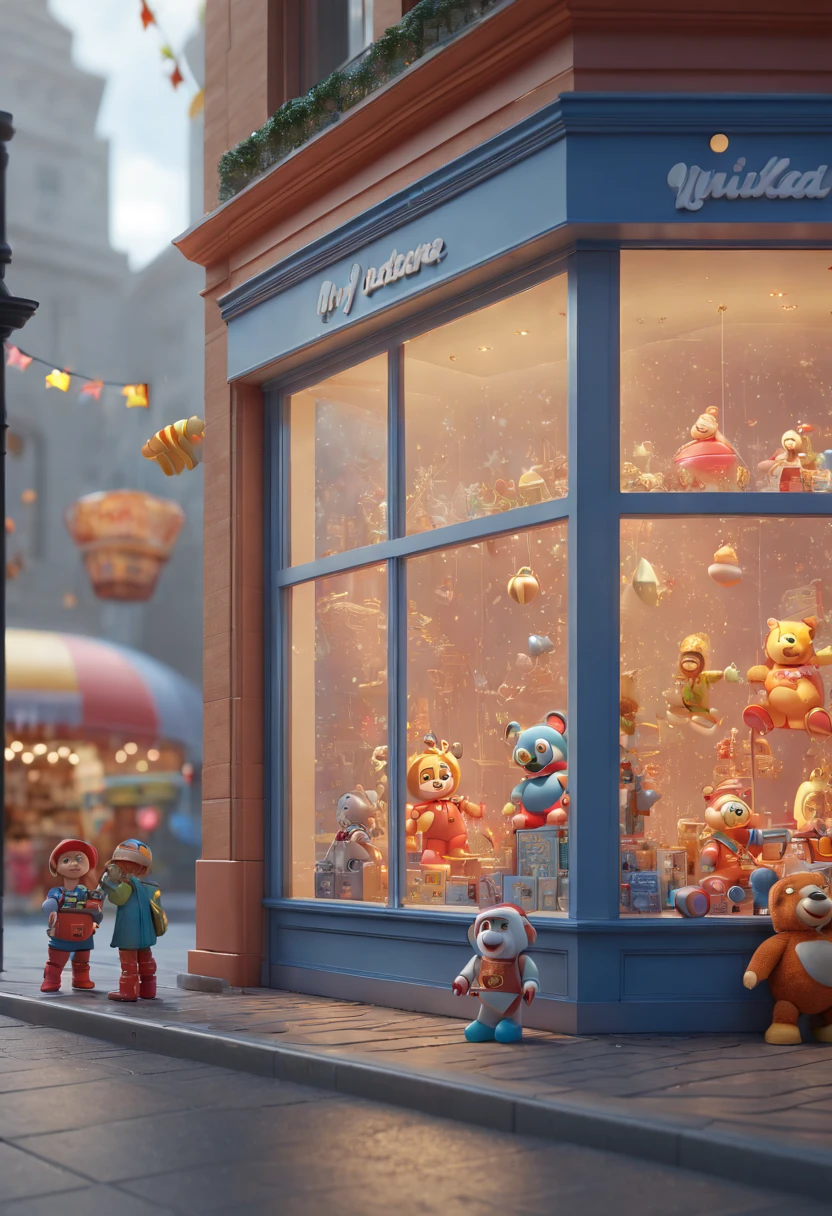 Toy Store Window Display, by Hans P. Bacher, octane render, enhance, intricate, (best quality, masterpiece, Representative work, official art, Professional, unity 8k wallpaper:1.3)