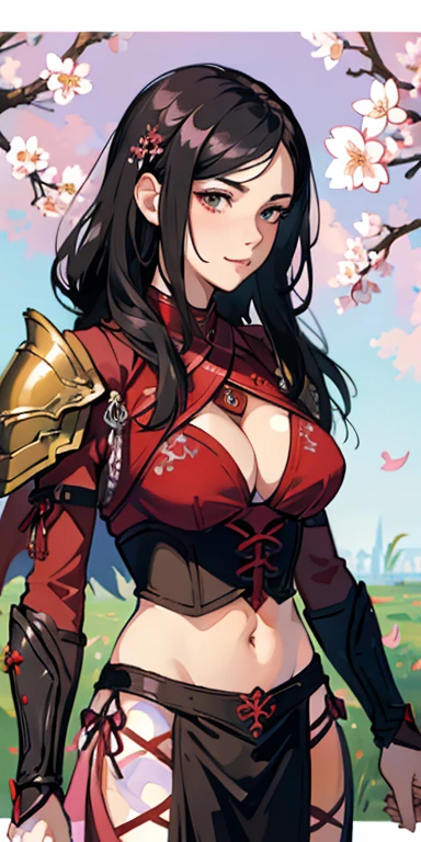 (masterpiece), best quality, expressive eyes, perfect face, ((crimson armor)), black hair, closed smile, athletic body, slim figure, lace bikini, pelvic curtain, exposed midriff, large breasts, cleavage, ((fishnets)), watercolor, sakura blossom background