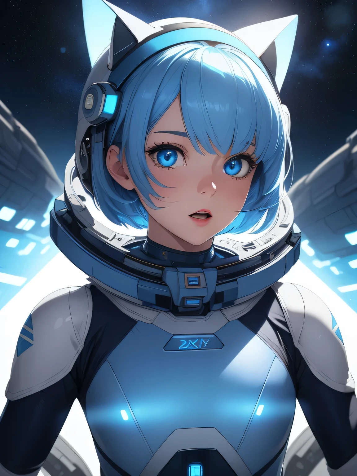 (8k, HDR, RAW photo, best quality, masterpiece:1.2, realistic lighting), Overhead view, Dynamic angle, girl floating in outer space, solo, (thin face), realistic beautiful face, very detailed face, open mouth, (bob cuts hair), ((sky blue hair)), path traced hair, (sky blue cat ears), ((sky blue eyes)), beauty eyes, perfect symmetrical eyes, clear sparkling blue eyes, (flat chest), (small breast), wearing a full body spacesuit, (spacesuit helmet), (spaceship:1.3), detailed and complex busy background, surreal space, fantasy space, outer space