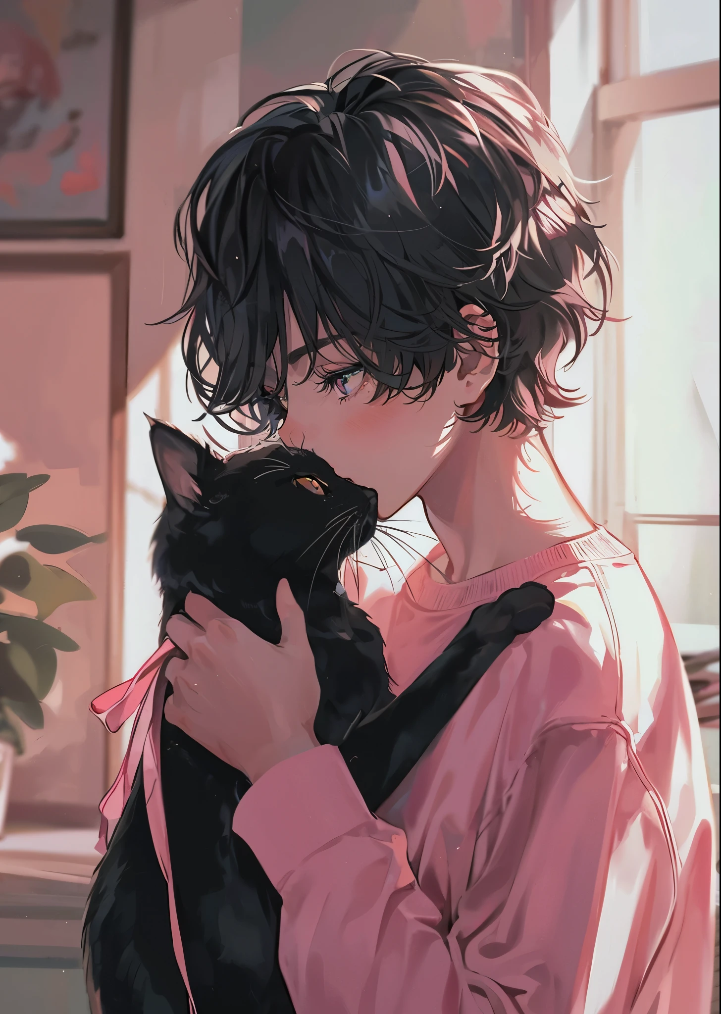 Beautiful young man, black hair, short hair, pink sweater, black cat with pink ribbon, just before kissing, cute and stylish room,high quality, amount of drawing, pixiv illustration, Japanese anime, Clear line drawing, transparent watercolor, clear shading
