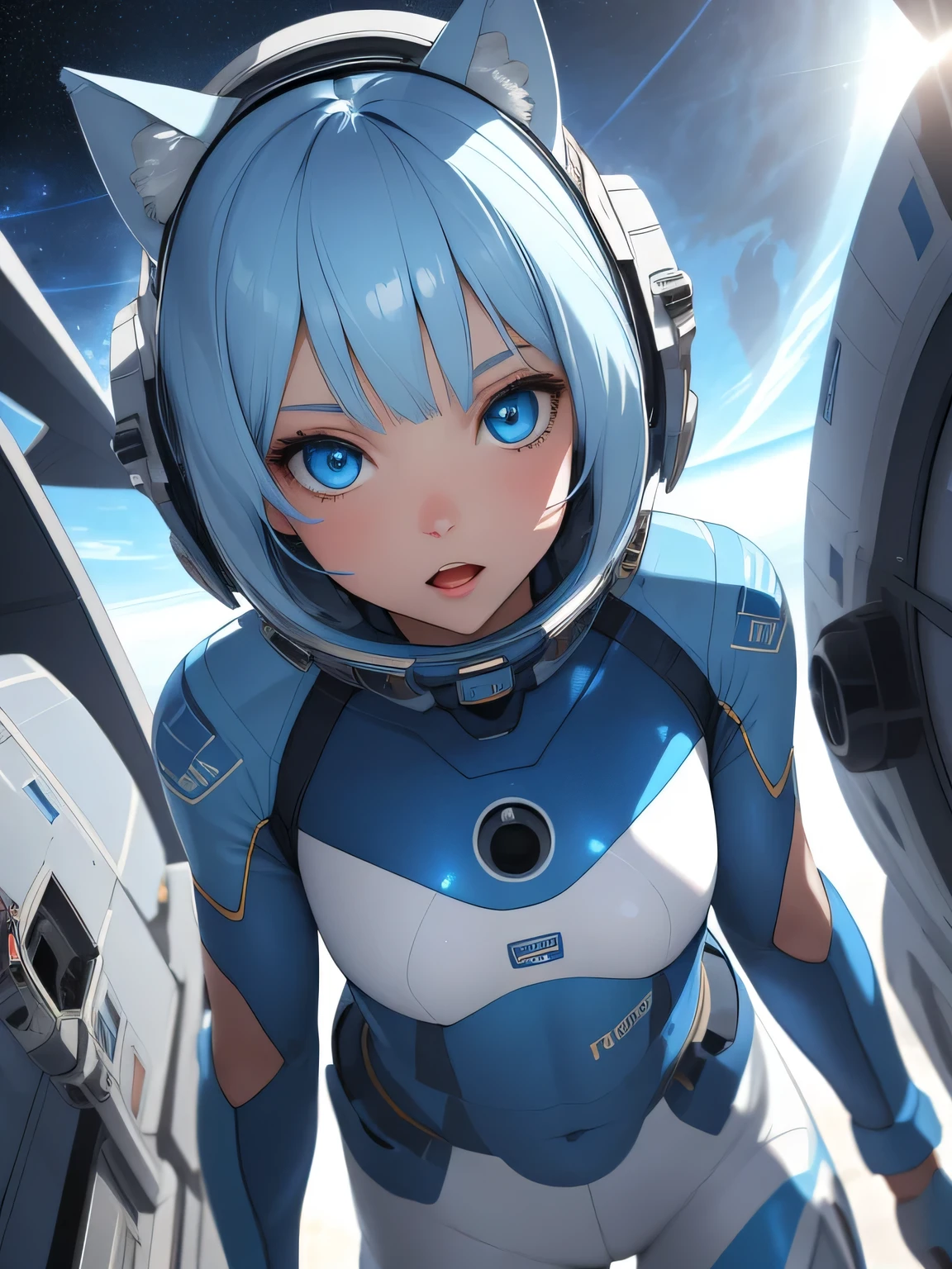 (8k, HDR, RAW photo, best quality, masterpiece:1.2, realistic lighting), Overhead view, Dynamic angle, girl floating in outer space, solo, (thin face), realistic beautiful face, very detailed face, open mouth, (bob cuts hair), ((sky blue hair)), path traced hair, (sky blue cat ears), ((sky blue eyes)), beauty eyes, perfect symmetrical eyes, clear sparkling blue eyes, (flat chest), (small breast), wearing a full body spacesuit, (spacesuit helmet), (spaceship:1.3), detailed and complex busy background, surreal space, fantasy space, outer space