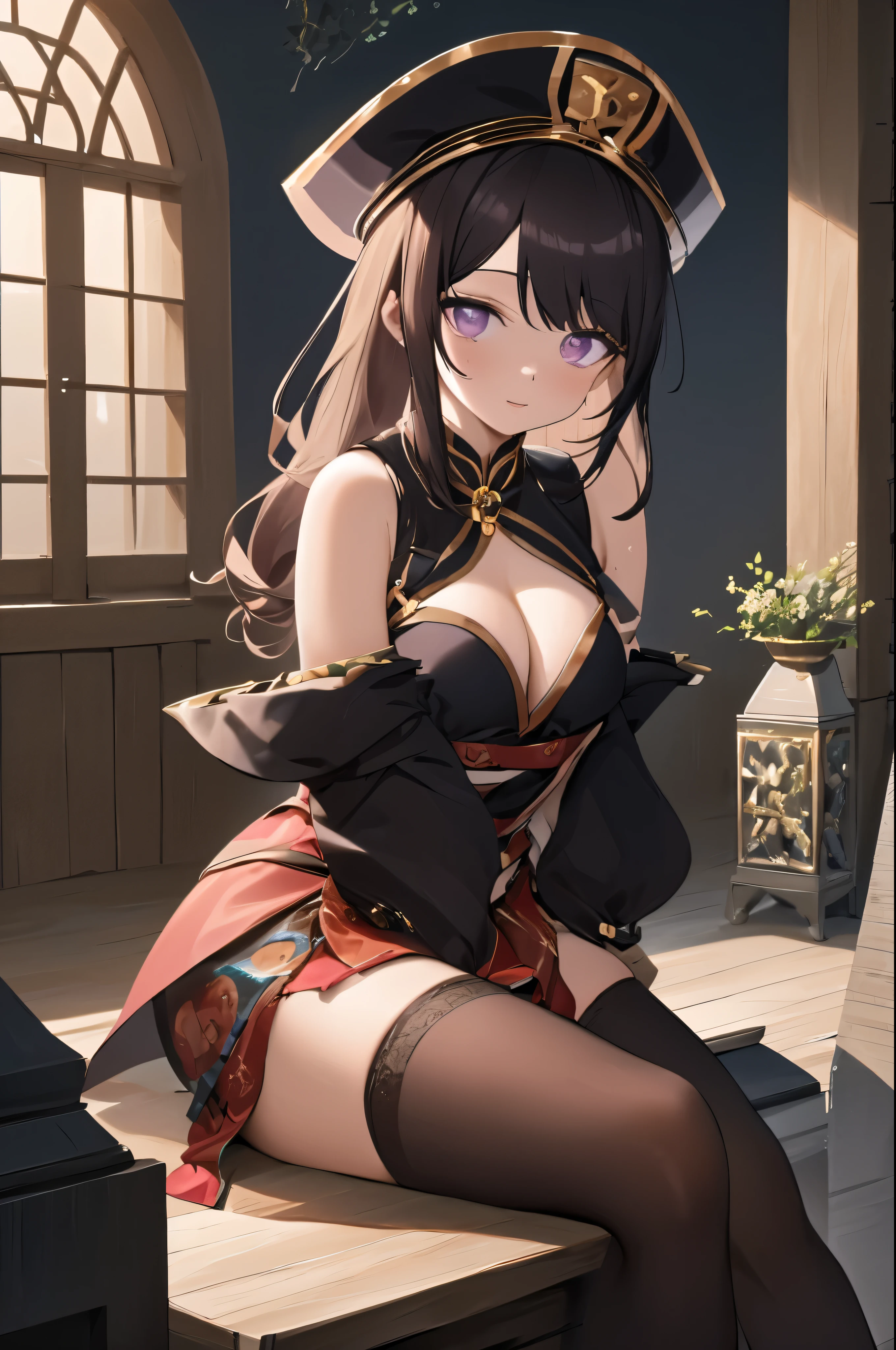 ((Best quality, 8K, Ultra-detailed, Masterpiece: 1.3)), 1girl, Shiny skin, Sharp, Perfect body beauty, realistic shadow perfect bod("Jiangshi outfit,Transparent ":1.2),_Breasts ,Young girl, short girl,upper legs , indoors, Graveyard,cleavage, sexyposture，M legs， your ass, Dark Brown long hair, ahoge , Purple eyes, pupils ,Sideswept parted hair, night,dark