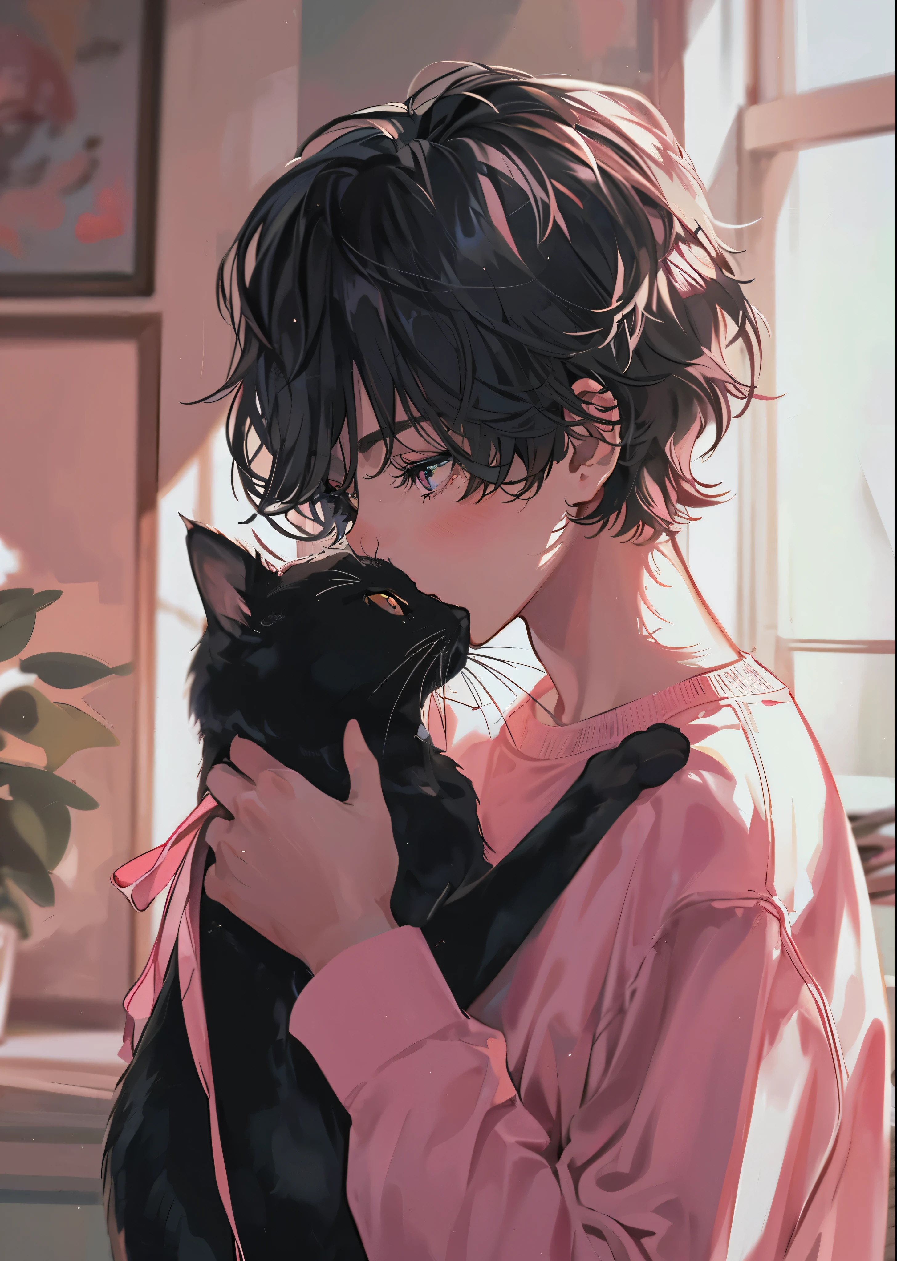 beautiful young man, black hair, short hair, pink sweater, black cat with pink ribbon, just before the kiss, Cute and stylish room,high quality, Amount to draw, pixiv illustration, Japanese anime, clear line drawing, transparent watercolor, clear shading