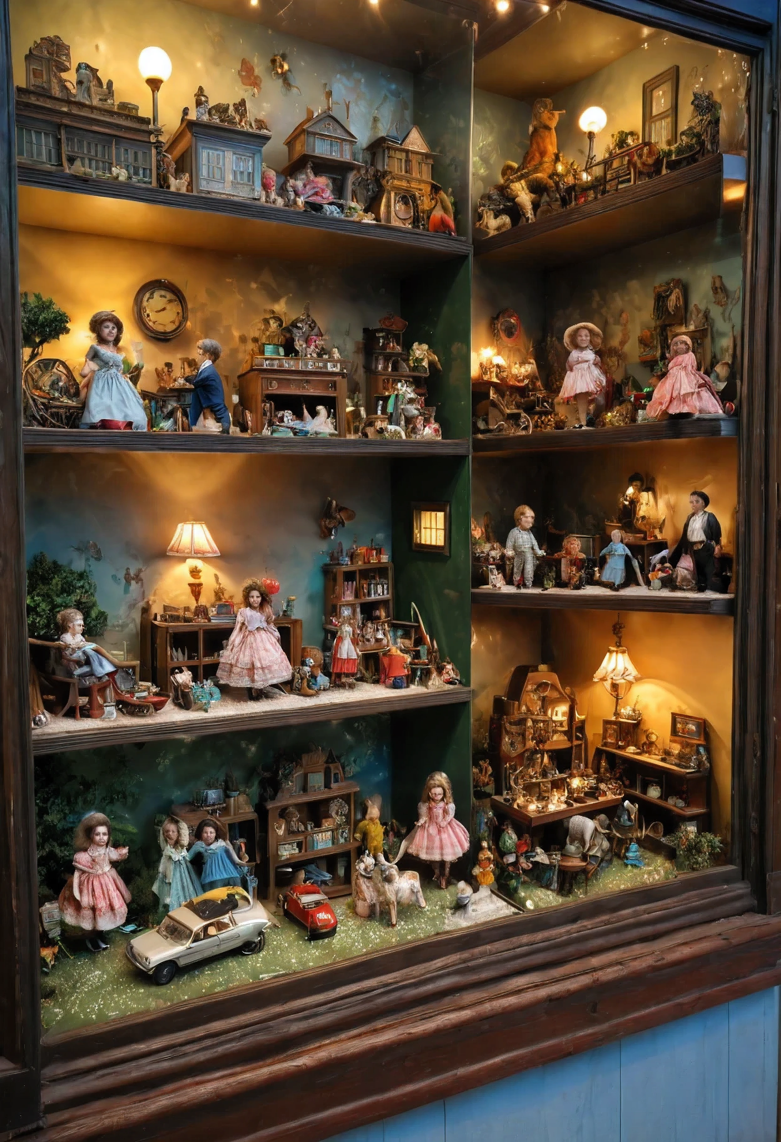 (Masterpiece in maximum 16K resolution:1.6), (intricate detail:1.4), (extremely insane detail:1.4),(highest quality:1.3),(Hyper_realistic:1.3). | A classic toy store window display,vivid colors,realistic,nostalgic,traditional,detailed toys,hand-crafted wooden figurines,delicate porcelain dolls,classic board games,enticing arrangement,meticulous attention to detail,colorful stuffed animals,playful atmosphere,toys from different eras,beautifully arranged shelves,sparkling lights,enchanted young minds,nostalgic charm,bright and cheerful,warm and inviting,showcasing the magic of childhood,memories of joy and wonder.