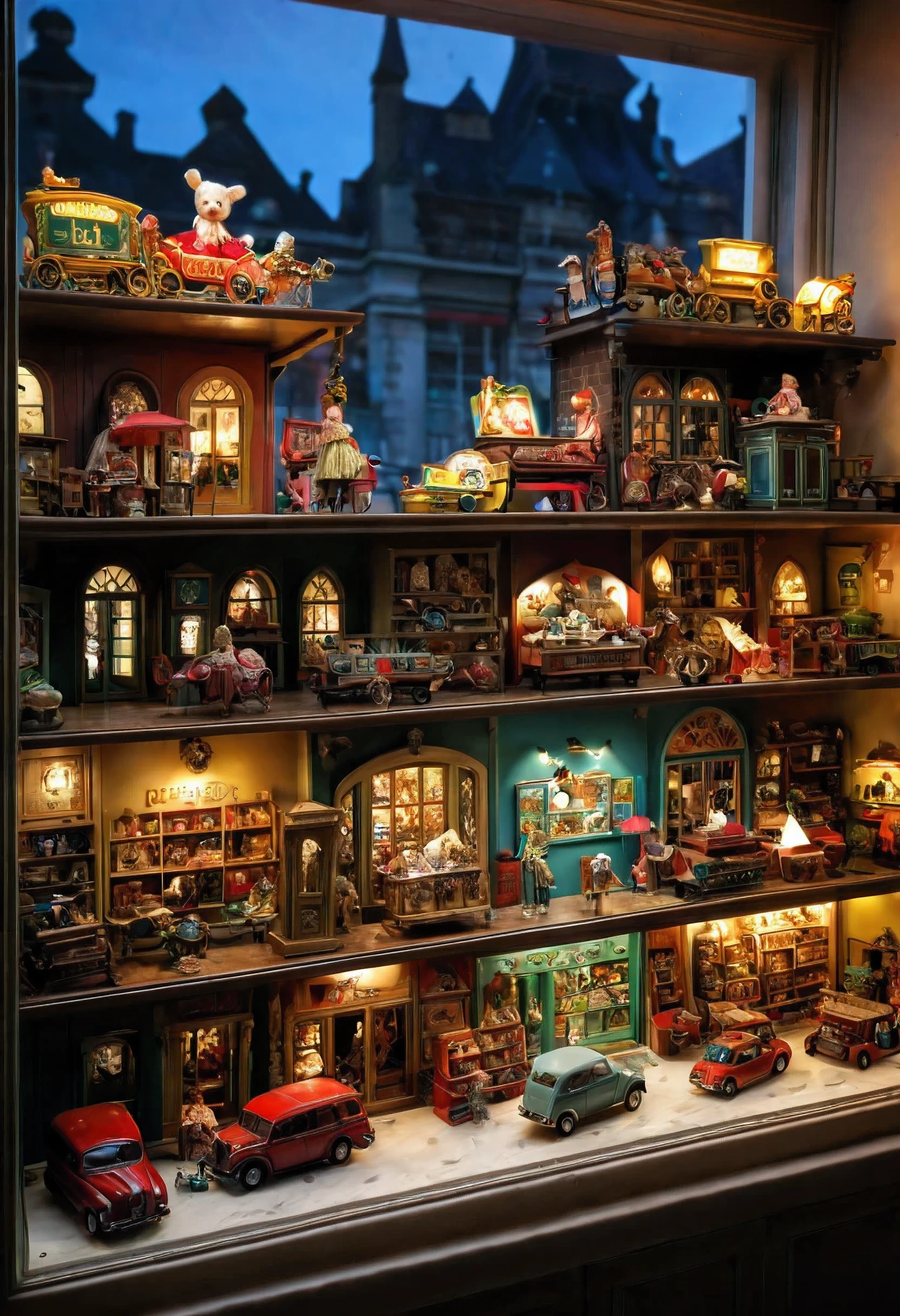 (Masterpiece in maximum 16K resolution:1.6), (intricate detail:1.4), (extremely insane detail:1.4),(highest quality:1.3),(Hyper_realistic:1.3). | (futuristic,sci-fi:1.1) toy store window display, (detailed toy characters), (vibrant colors,neon colors:1.1), (transparent,modern:1.1) glass windows, (reflection of city lights), (shiny,glossy:1.1) metallic surfaces, (animated,interactive:1.1) display, (floating,levitating) toys,(flying drones:1.1), (holographic,3D:1.1) projections, (futuristic,modern:1.1) architecture of the toy store, (glowing,illuminated:1.1) signs and symbols, (digital,high-tech:1.1) gadgets, (playful,cheerful:1.1) atmosphere,,(blurred background,bokeh effect), (nighttime,evening:1.1) lighting.