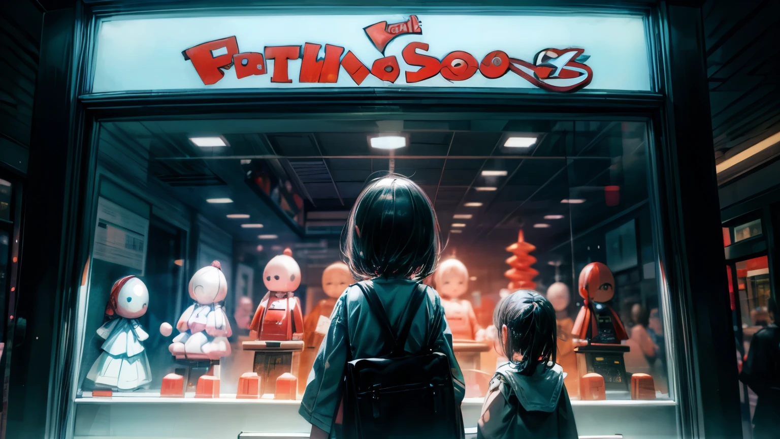family in front of Toy Store Window Display, back view from behind