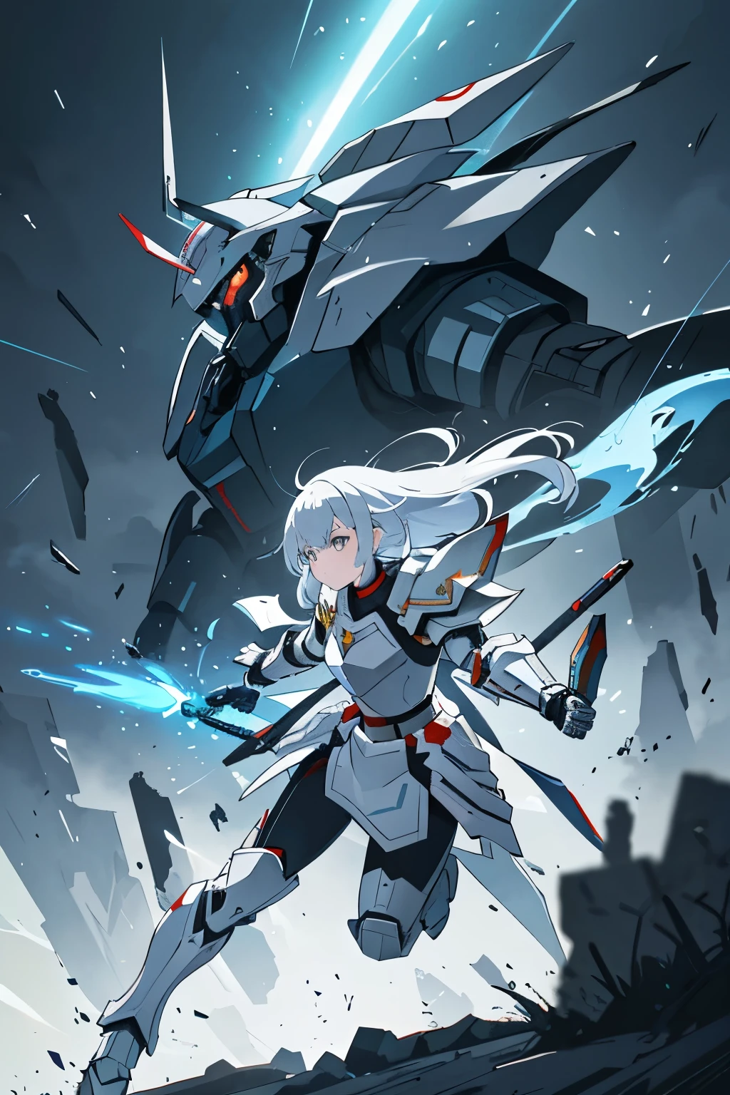 A girl wearing armor like a mobile suit、Illustration of an aggressive attack in a fantasy action scene。The girl looks like a part of a mobile suit、30 with weight on shoulders and hips%adorned with armor of、70%The form of looks like a human。The head has a simple design with eye slits.。10 missile launchers on shoulder armor、Equipped with a rocket launcher on the waist armor。lightning flashes、Against the background of a desolate and smoky landscape、Dynamically swing a weapon。The artwork is、Combining flowing lines and beautiful liquid-like color gradations、Expressing the essence of fantasy and action。