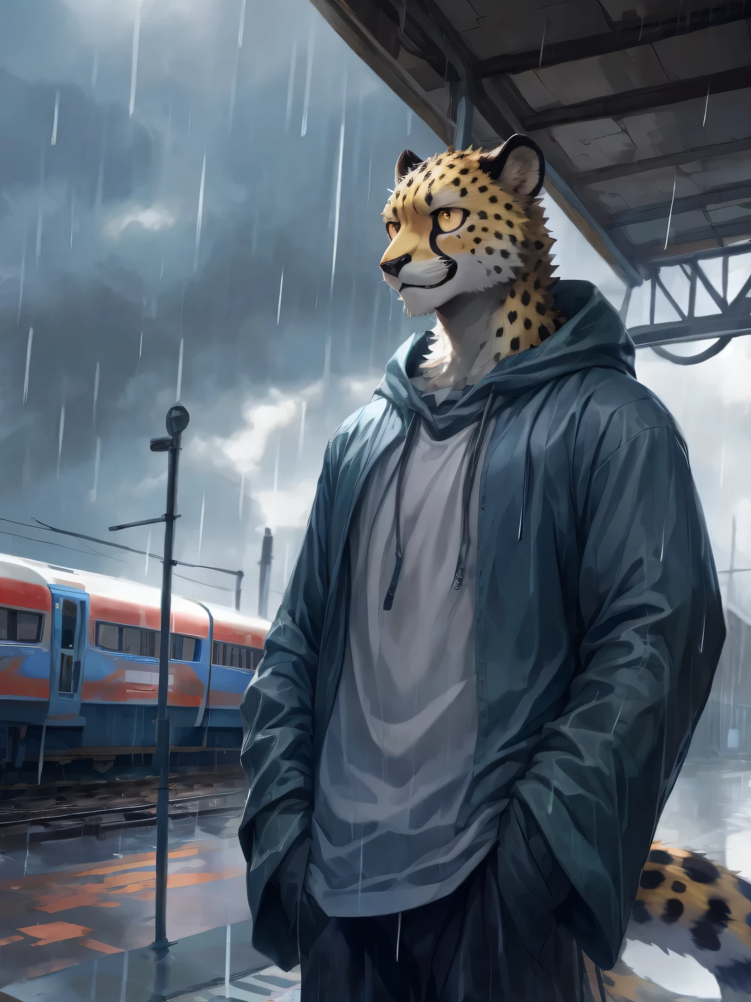 masterpiece, best quality, perfect anatomy, bright eyes, watery eyes, Golden eyes, by t.y.stars, by null-ghost, by k0bit0wani, furry, Cheetah, (felis:0.7), (canine:0.3), male, solo, baggy clothing, (smile: 0.9), gentle, the large tail of a snow leopard, Lateral body, look at the sky, train station, rain, (waterdrop:0.9), grey sky, raining, (fog:0.35), detailed background