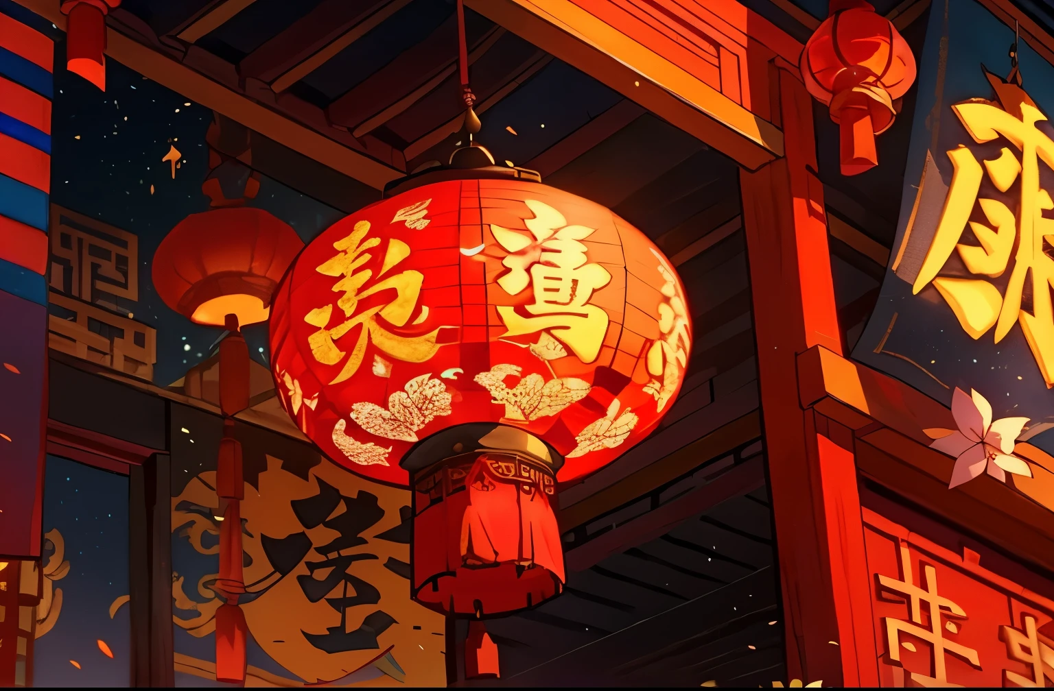 建筑物的天花板上挂着一个红lantern, red lantern, G Liulian art style, Onmyoji Detailed Art, street lantern are shining, background artwork, Chinese style, anime background, 《Genshin》Keqing in, rossdraws global illumination, street lantern glow, lantern, rossdraws volumetric lighting, amazing wallpapers, background art, evening lantern