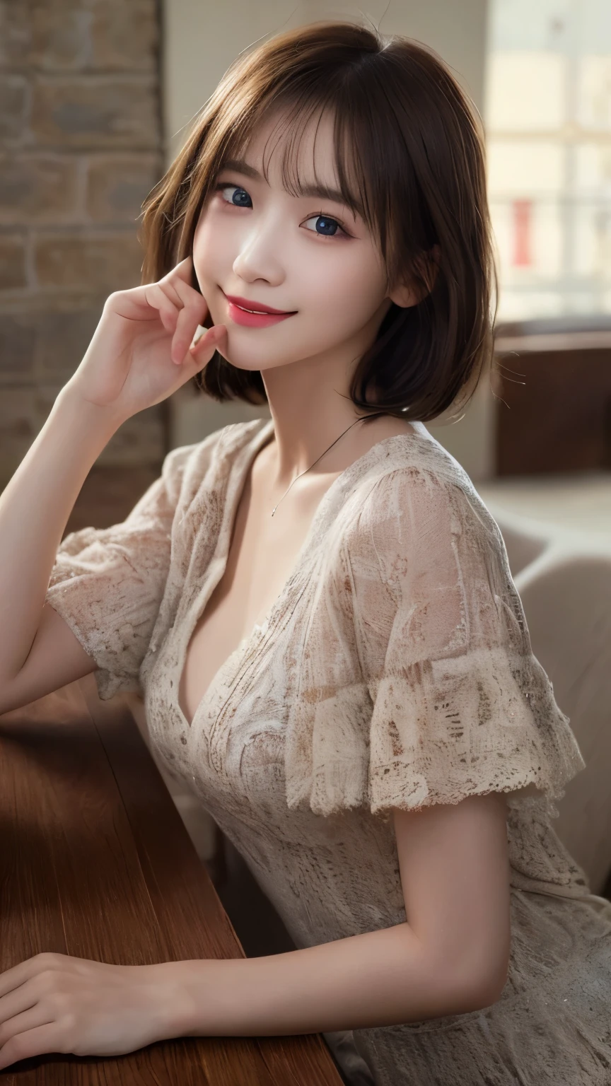 on the table, best quality, illustration, Super detailed, fine details, high resolution, 8k wallpaper, Perfect dynamic composition, Beautiful and delicate eyes, women's fashion,very short hair,Natural color lips for small breasts, bold gesture,Smile,Harajuku、20 year old girl、Lovely、looking into camera lens