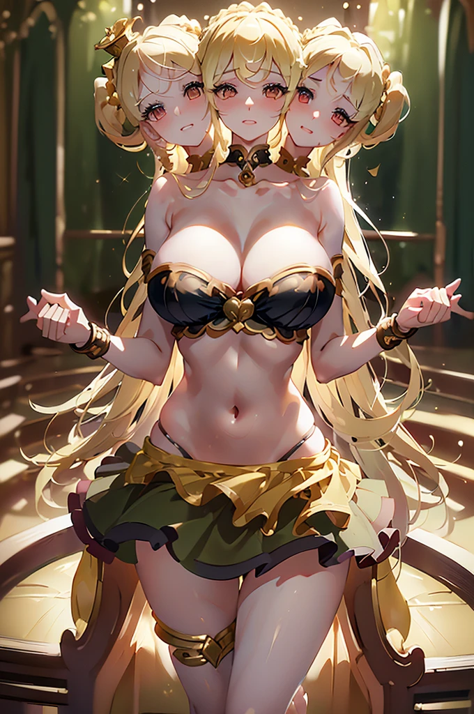 (masterpiece, best quality),best quality, (ultra-detailed), (4heads:1.5), 1girl, (lunasa prismriver:1.3), masterpiece, best quality, white top, crop top, ((stomach)), midriff, ((groin)), black skirt, normal ears, shackles, blonde hair, very long hair, wavy hair, sidelocks, yellow eyes, parted lips, single horn, sweat, cute, toned belly, hand on own chest, eyelashes, (24 year old woman:1.3), (masterpiece:1.4), (best quality:1.4), (beautiful detailed extremely detailed CG, extremely delicate and beautiful, depth of field, (finely detailed face), (perfect details:1.1), (mature female:1.3), wide pelvis, slender, large veiny breast, 8k resolution, high quality, high definition, extremely detailed, masterpiece, best quality, blonde hair, long hair, alluring presence, braid, short skirt, close up, big tits, young, hair ornament, holding instrument, frills, hat ornament, 