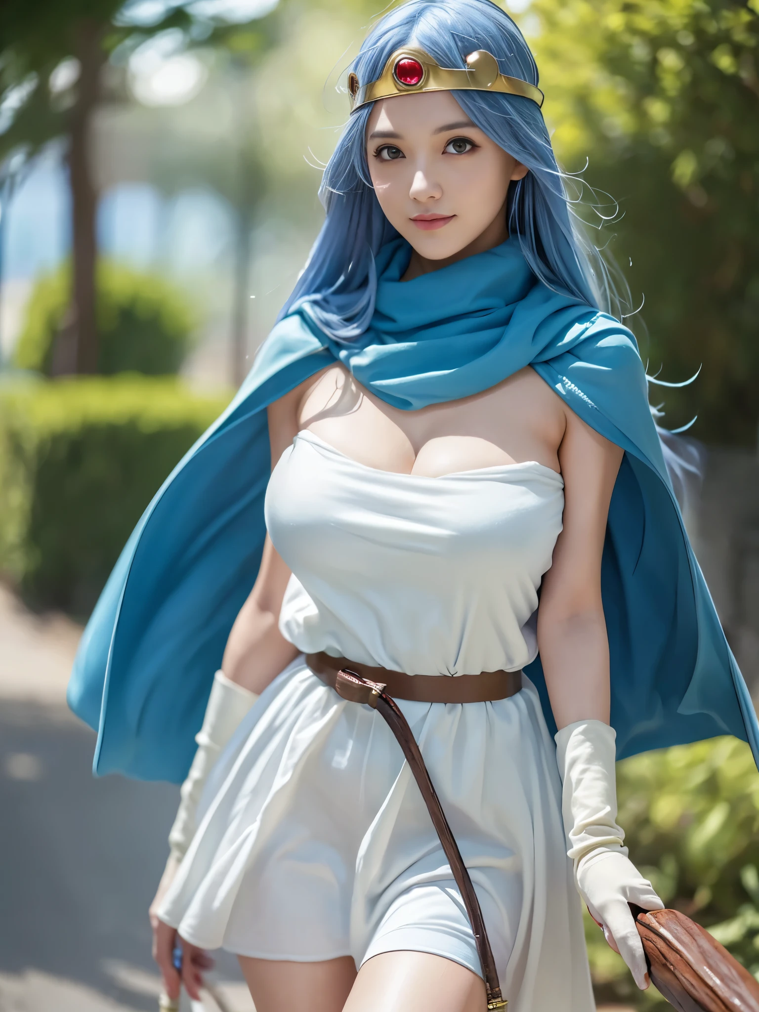 ((best quality, 8k, master piece:1.3)), concentrated:1.2, beautiful woman with perfect figure:1.4, cocked ass:1.2, ((cut hair in layers, beautiful breasts:1.2)),(rain, Street style:1.3), bandeau dress:1.1, Highly detailed face and skin texture, detailed eyes, double eyelid，whiten skin，blue long hair､Super realistic､realistic table top, highest quality, super detailed, figure, sage_(dq3), 1 girl, (holding staff, staff:1.3), alone, Blue hair long hair, blue hair, circlet, red eyes, normal breast, yellow gloves, white dress, belt bag, cape, Knee-high boots, cleavage, bare shoulders, underwear,grassy area, wind lift,  background, white backgroundスーパーライブアクション,(8K,RAW photo, highest quality, masterpiece:1.2), cinematic light, (finely become familiar with face:1.2), (masterpiece:1.5), (highest quality:1.2), (looking at the viewer:1.2), (art station:1.2), dramatic, epic real, 超Complexディテール, become familiar with, [[rutkowski]], ( highly become familiar with CG wallpaper Unity 8k), art stationで人気の, Popular on CGSociety, Complex, High resolution, sharp focus, dramatic,  very sharp lines, realistic pictures, 緻密なmasterpiece, elegant, clear focus, written boundary depth, movie wallpaper, face focus, Physically based rendering, photon mapping, Physically based rendering, (((looking at camera))), (((Bokeh (background))), (The gentle face of a 17 year old girl:1.1),smile, very big and cute eyes