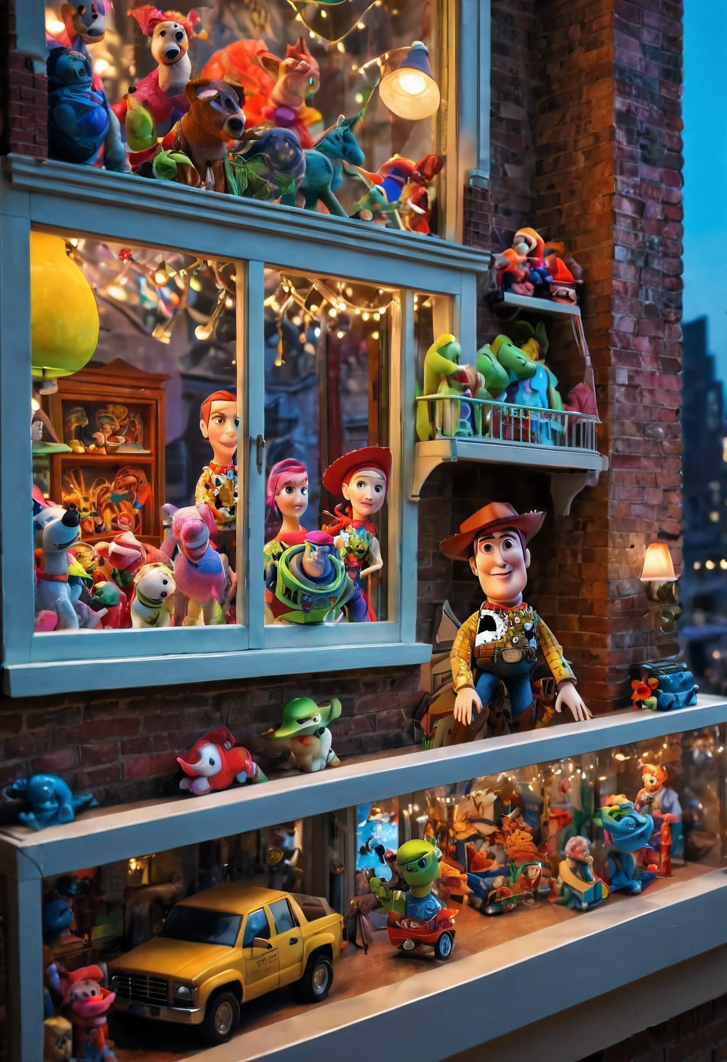 (Masterpiece in maximum 16K resolution:1.6), (intricate detail:1.4), (extremely insane detail:1.4),(highest quality:1.3),(Hyper_realistic:1.3). | (futuristic,sci-fi:1.1) toy store window display, (detailed toy characters), (vibrant colors,neon colors:1.1), (transparent,modern:1.1) glass windows, (reflection of city lights), (shiny,glossy:1.1) metallic surfaces, (animated,interactive:1.1) display, (floating,levitating) toys,(flying drones:1.1), (holographic,3D:1.1) projections, (futuristic,modern:1.1) architecture of the toy store, (glowing,illuminated:1.1) signs and symbols, (digital,high-tech:1.1) gadgets, (playful,cheerful:1.1) atmosphere,,(blurred background,bokeh effect), (nighttime,evening:1.1) lighting.