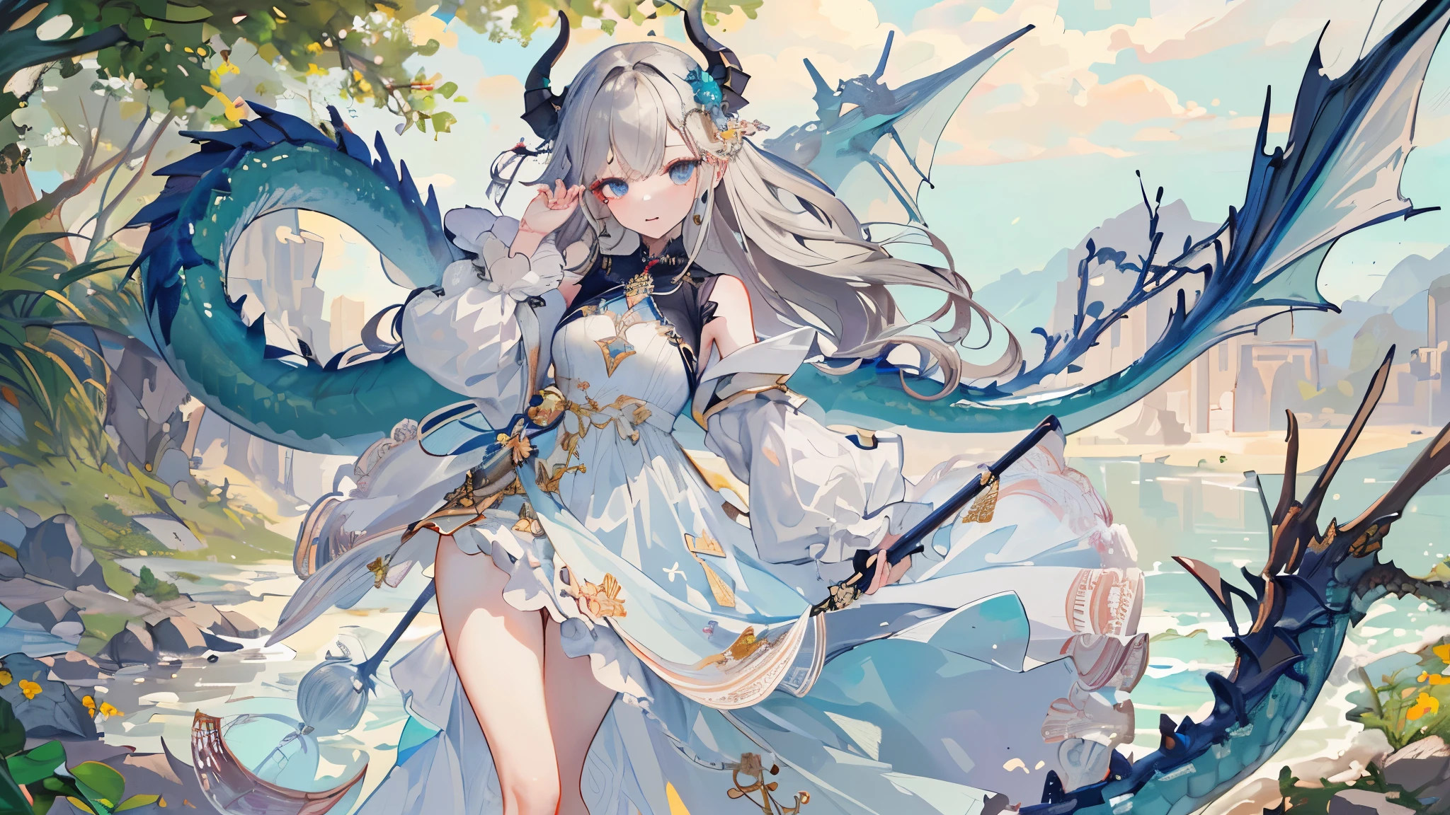 ((best quality, 8K, masterpiece: 1.3)), 1 girl, slim and beautiful: 1.3, (long hair: 1.2), Floral Dress, Dragons，long legs: 1.1, The face  super delicate, beautiful eyes, double eyelids, outdoor
