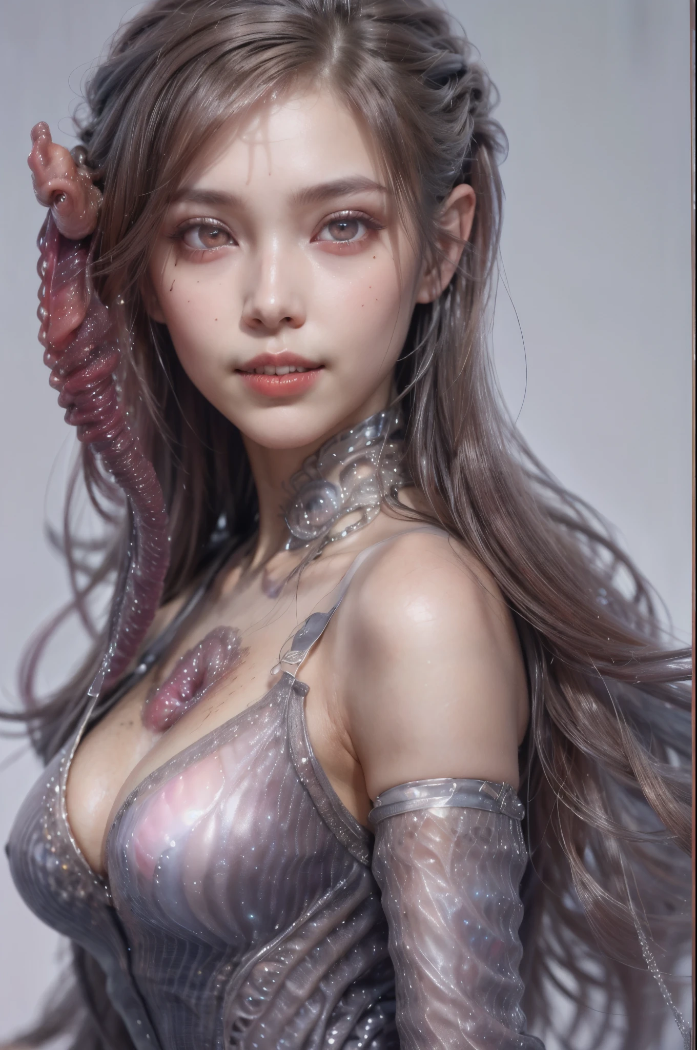 scary and  detailed art in color, Portrait, (beautiful and  female alien:1.4), (vulgarity1.5), (she has red eyes with no pupils:1.8), (Translucent skin:1.7),  ((There is a female genital-like organ in the middle of the forehead:1.9)), (The most beautiful face in the history of the universe:1.2),an evil gaze that seduces, (large mouth:1.1), (sharp teeth like a vampire:1.2), Full body portrait, (bio luminescent:1.5), (Smile wickedly:1.3),  (sexypose:1.5), incredibly beautiful alien, (she has unparalleled beauty:1.5),  No humans, cells are fused, (Lots of translucent tentacles:1.3) extraterrestrial, cell, bio image, best quality, 8K,In 4K_quality, High freshness, Dramatic Lighting, masutepiece:1.5,cinematic quality, detail up, (exquisite details:1.2), high resolution, High freshness, drawing faithfully, (Thick eyebrows:1.2), Beautiful eyes with fine symmetry,(Highly detailed face and eyes:1.2), Intimate face, (Super detailed skin quality feeling:1.4), perfect ,  (Beautiful toned body:1.5),  (Moist skin:1.2), not wearing makeup, (dark circles:1.1), long canines, cinematic drawing of characters, ultra high quality model, cinematic quality, detail up, (exquisite details:1.2), high resolution, High freshness, drawing faithfully, official art, Unity 8K Wall  , 8K Portrait, best quality, Very high resolution, ultra detailed artistic photography, midnight aura,  unreal engine 5, Ultra Sharp Focus, art by Amano Yoshitaka, ArtGerm, Roisch, intricate artwork, best quality, masterpiece, ultra high resolution, (photos realistic:1.4), ultra realistic realism, dream-like, nautilus, Creation of fantasy, Snail, Dream Snail, (biopunk nautilus:1.3),Thrilling color schemes, ultra realistic realism, seductively smiling, Blue tentacles, scail
