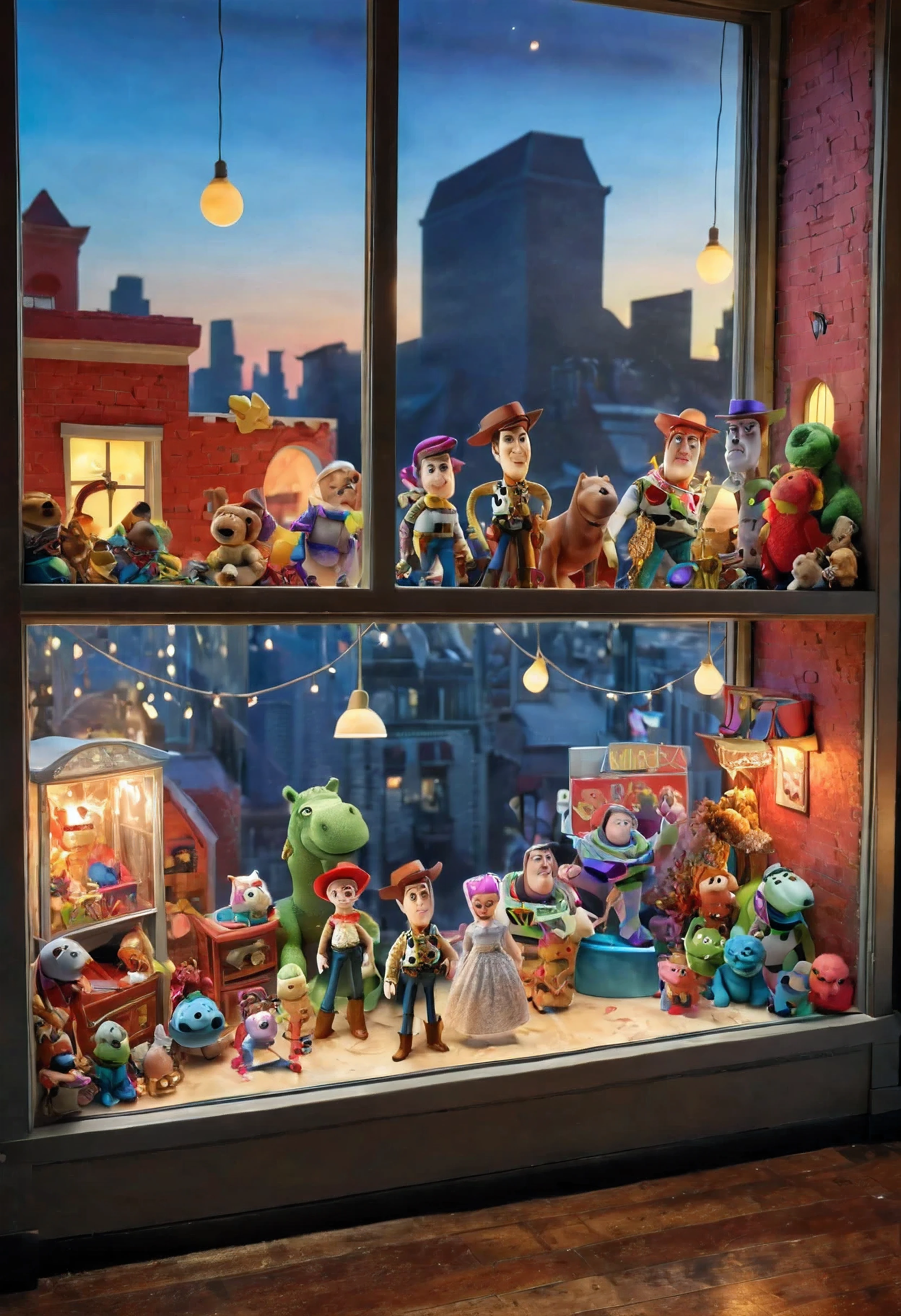 (Masterpiece in maximum 16K resolution:1.6), (intricate detail:1.4), (extremely insane detail:1.4),(highest quality:1.3),(Hyper_realistic:1.3). | (futuristic,sci-fi:1.1) toy store window display, (detailed toy characters), (vibrant colors,neon colors:1.1), (transparent,modern:1.1) glass windows, (reflection of city lights), (shiny,glossy:1.1) metallic surfaces, (animated,interactive:1.1) display, (floating,levitating) toys,(flying drones:1.1), (holographic,3D:1.1) projections, (futuristic,modern:1.1) architecture of the toy store, (glowing,illuminated:1.1) signs and symbols, (digital,high-tech:1.1) gadgets, (playful,cheerful:1.1) atmosphere,,(blurred background,bokeh effect), (nighttime,evening:1.1) lighting.
