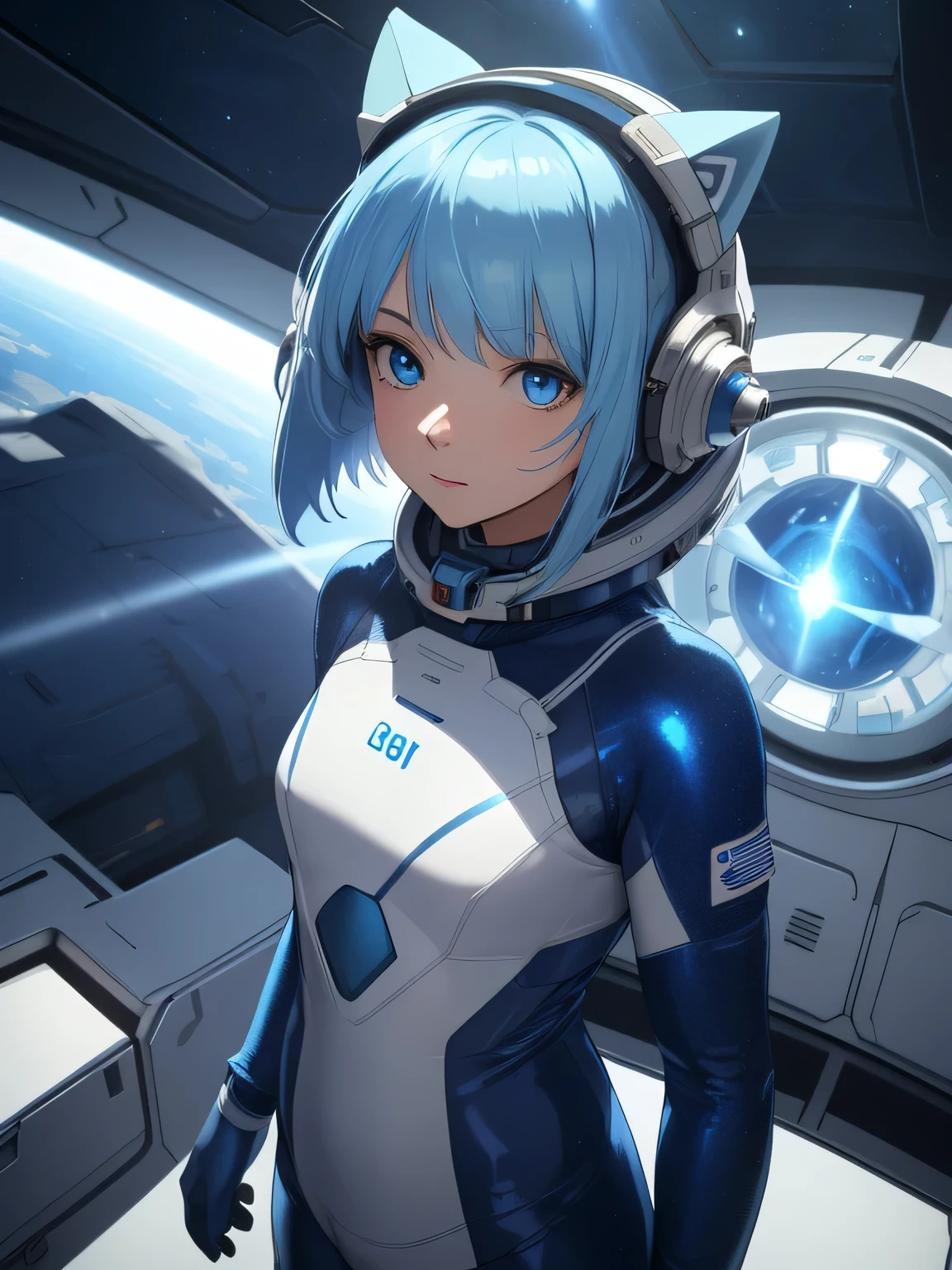 (8k, HDR, RAW photo, best quality, masterpiece:1.2, realistic lighting), Overhead view, Dynamic angle, girl on the spaceship, solo, (thin face), realistic beautiful face, very detailed face, poker face, (bob cuts hair), ((sky blue hair)), path traced hair, (sky blue cat ears), ((sky blue eyes)), beauty eyes, perfect symmetrical eyes, clear sparkling blue eyes, (flat chest), (small breast), wearing a full body spacesuit, (spacesuit helmet), (spaceship:1.3), detailed and complex busy background, surreal space, fantasy space, outer space