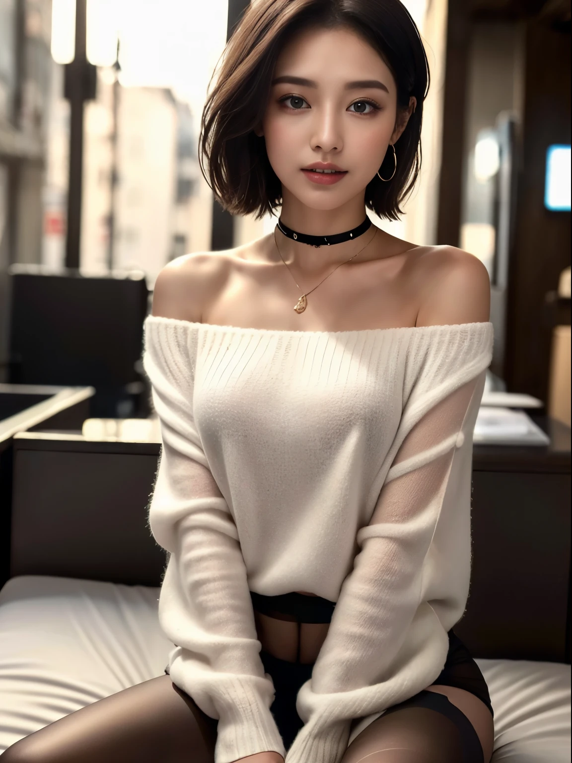 （short hair woman），（off shoulder sweater，oversized sweater），（hidden short pants），（sit cross-legged，hand lying on thigh），on my chest on the bed，deep，best quality，master piece，enlightenment，very delicate and beautiful，very fine skin，nffsw，unity，8k wallpaper，amazing，down to the last detail，Highly detailed ticker unity 8K wallpapers，huge file size，High resolution，handsome detailed woman，highly detailed eyes and face， amazingly detailed eyes，light shines on your face，（Best illustration：1.1），（best shadow：1.1），Super high resolution，（Photoreal：1.1），（real 1.2：1.1），realistic facial proportions，slim，smile，（fluffy black eyes：1.21），black eyes，looking at the viewer，dark brown hair，Ear Nipple Ring，choker necklace，hairpin，full body photo，（irregular skin scars，vein，birthmark，skin wrinkles，pores：1.2），（dark night background： 1.2）， （Bokeh： 1.4），（high heels:1.2），（lace pantyhose:1.3）