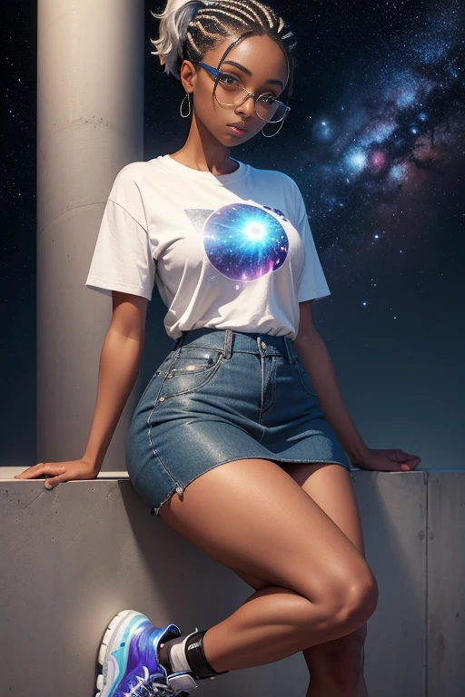 1girl dark skin, small breasts, wears thick-framed glasses that highlight her facial features, with short hair, ponytail and gray, silver shirt, Underneath the shirt she wears another tight shirt, with details in vibrant colors reminiscent of the stars and planets of outer space, and a blue skirt high-top boots with non-slip soles,