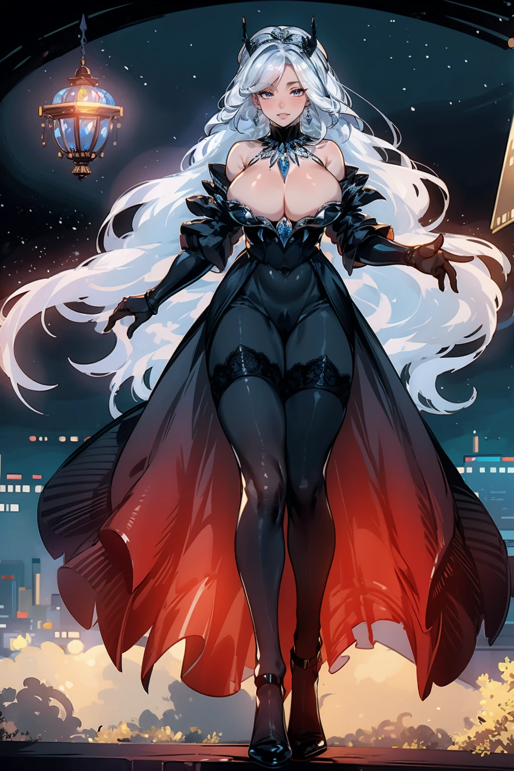 Fat butt,Busty,Tall,tall,a woman,masterpiece,best quality,The face beautiful,black stockings,Crystal shoes,noble,abdominal musclelack hair,god,evening dress,Diamond decoration,front,whole body,black dress,noble,Crystal Crown,lace,black stockings,Smooth,necklace,earring,High heel,Whitening,cloak,long skirt,lace,starry sky background