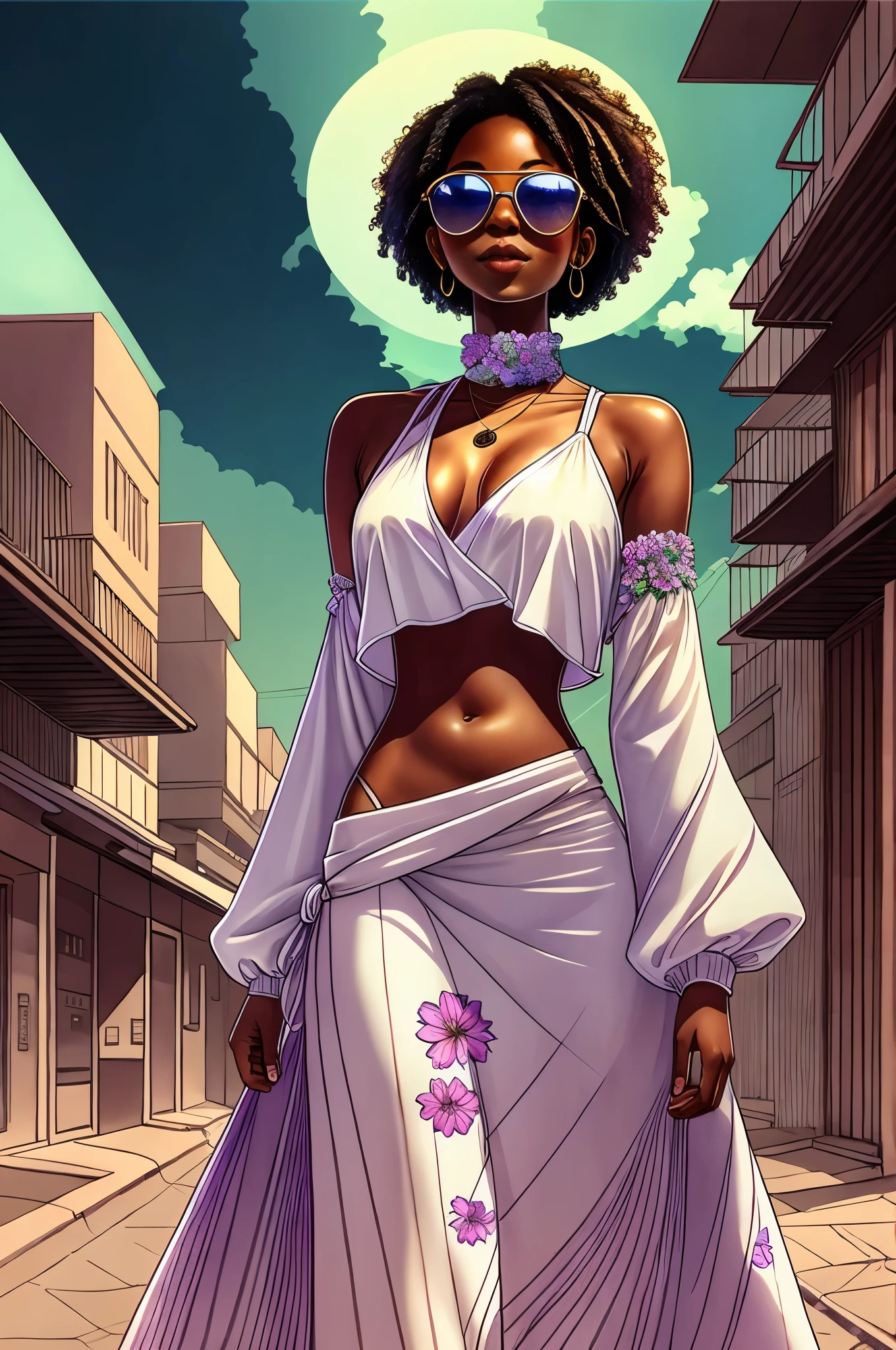 "Full body, water colors, ink drawing, beautiful cyberpunk Sudanese woman, wearing smart digital sunglasses, clean defined delicate features, stylish bohemian top and long skirt, floral background, in the style of Afrofuturism