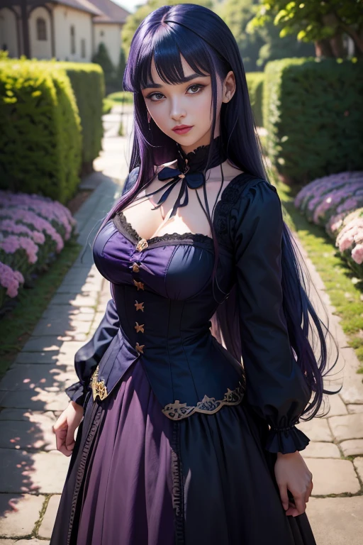 ((((nude)))),(Absurd, High resolution, Super detailed), masterpiece, Hinata(bolt), ((alone)), One girl,Medium chest, Long purple Victorian dress, Mouth closed, (((Long Hair))),Are standing, Bodice and skirt patterns, Frilled Skirt, race, Blinking blinking effect, (((Detailed lips))), garden, Pink and yellow flowers, ((Realistic Skin)), Glowing Skin, ((Glossy Red Lips)), Purple eyes, Portraiture, beautiful, smile, (((Dark blue hair))), Bust Crop, Normal skin